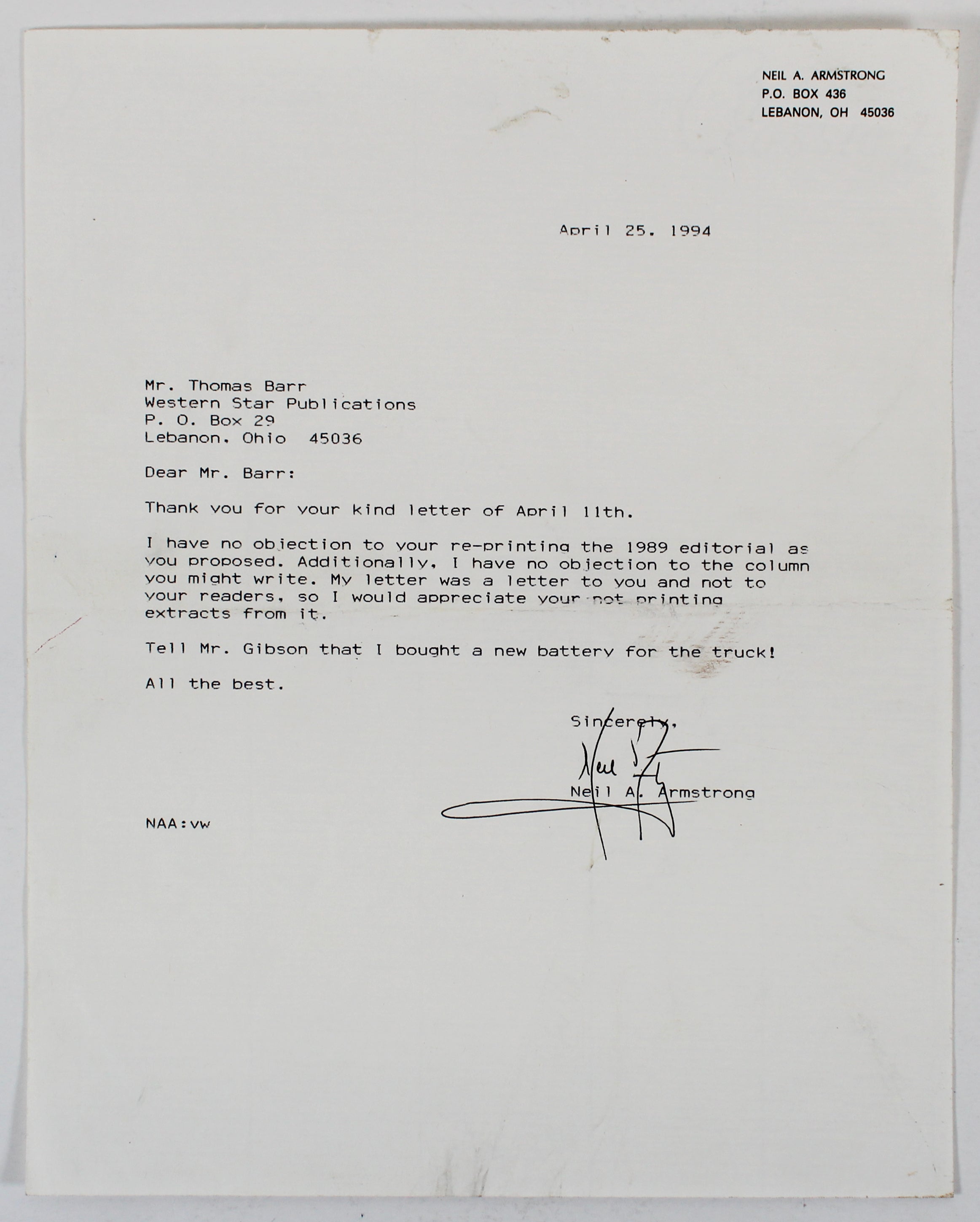 Neil Armstrong Apollo 11 Authentic Signed 8.5x11 1994 Typed Letter BAS #AC33408
