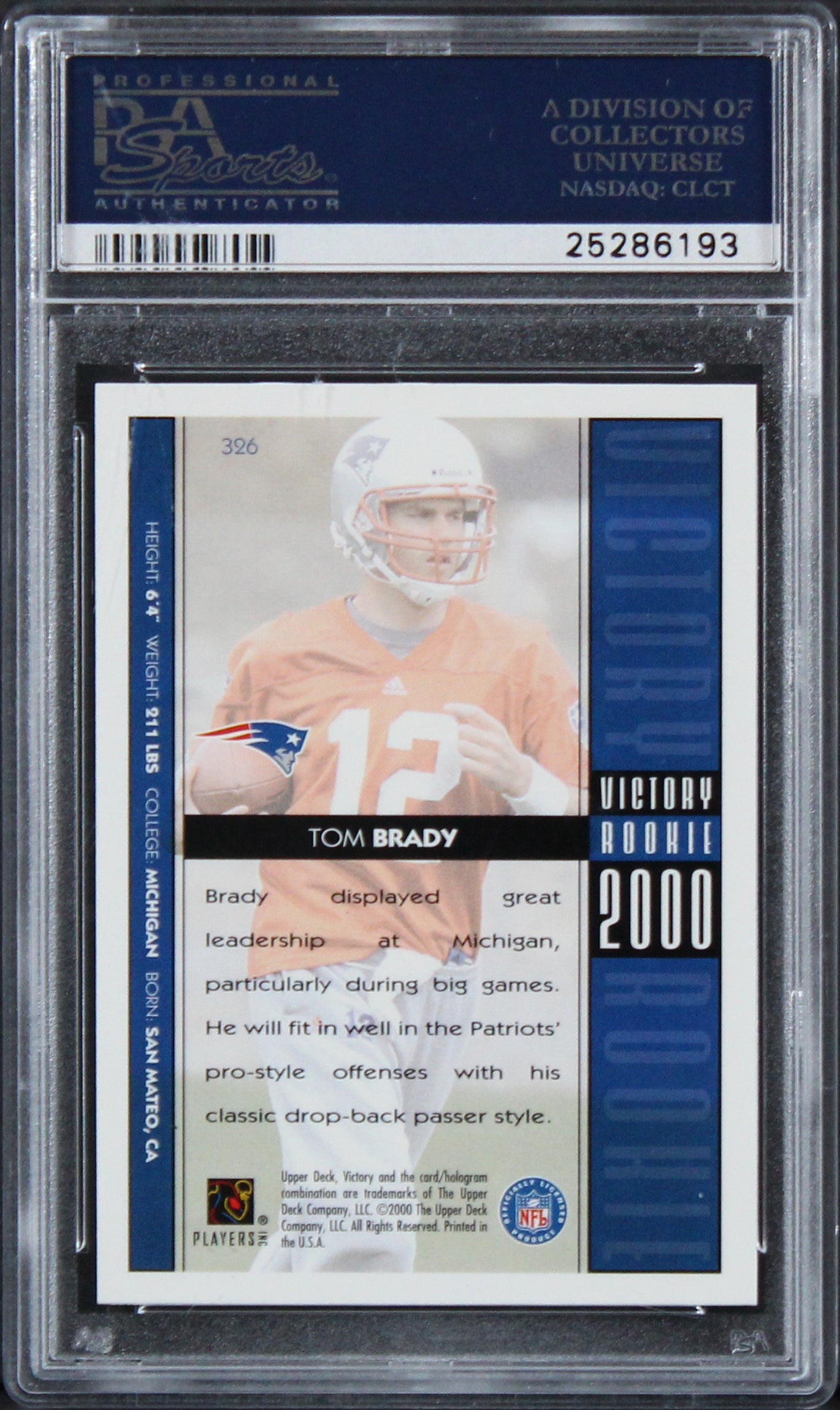 Tom Brady Signed 2000 Victory #326 Rookie Card Grade 8, Auto 10! PSA/DNA Slabbed