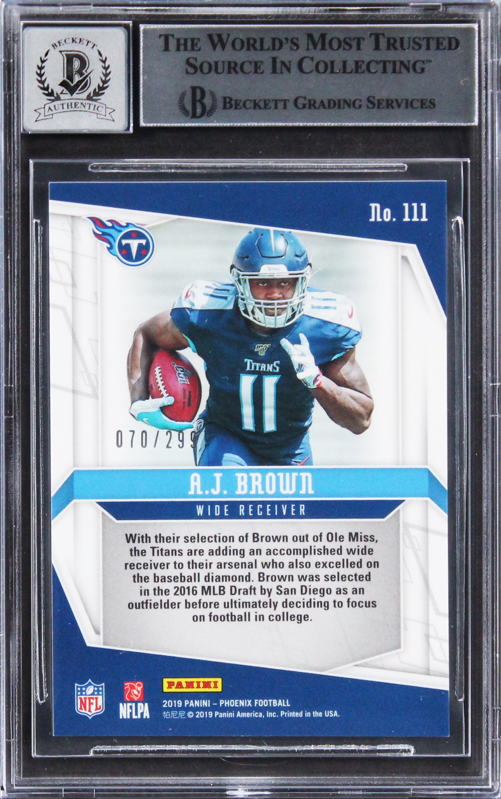 A.J. Brown Signed 2019 Panini Phoenix #111 RC #70/299 Card Auto 10! BAS Slabbed