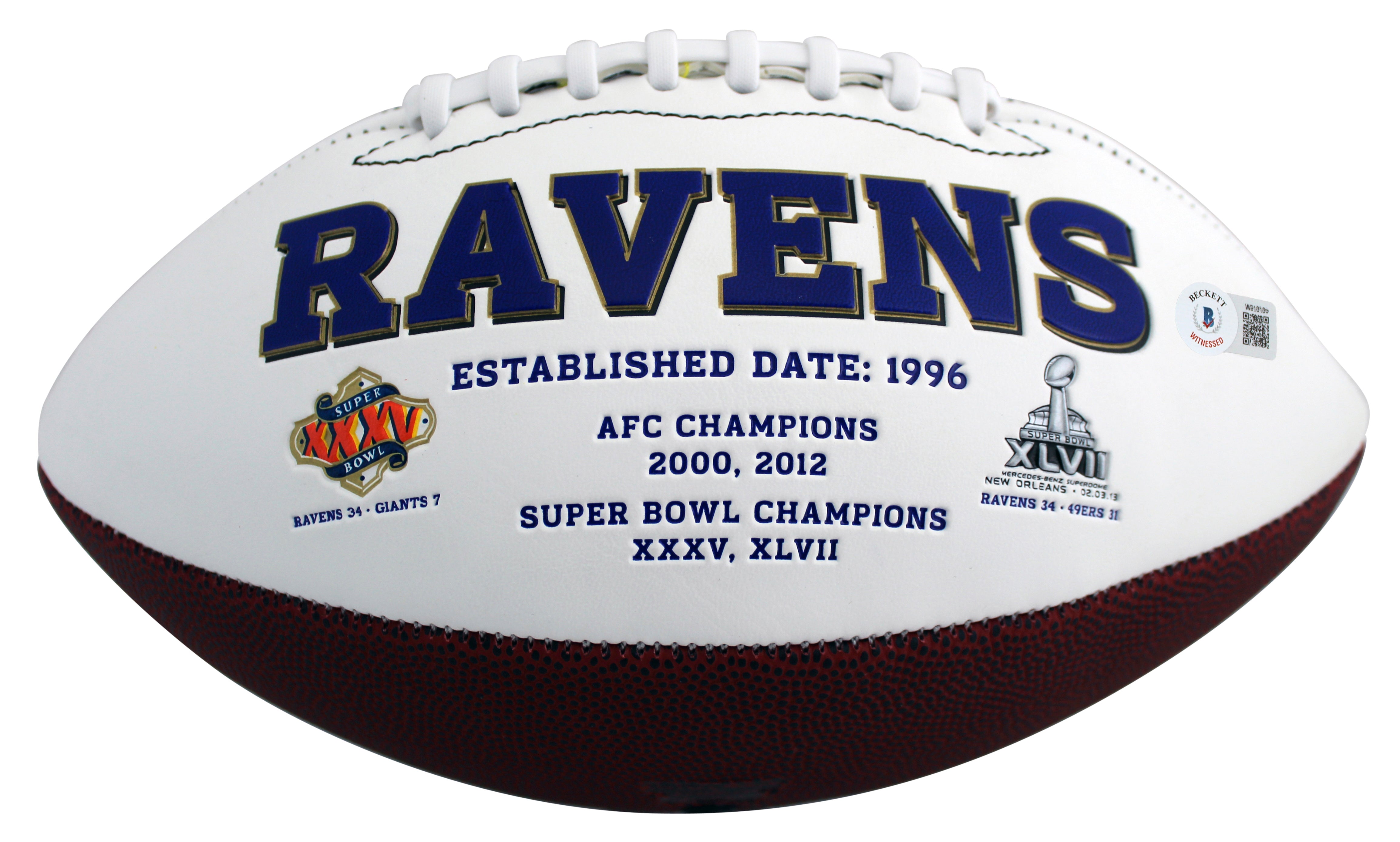 Ravens Ray Lewis Authentic Signed White Panel Logo Football BAS Witnessed