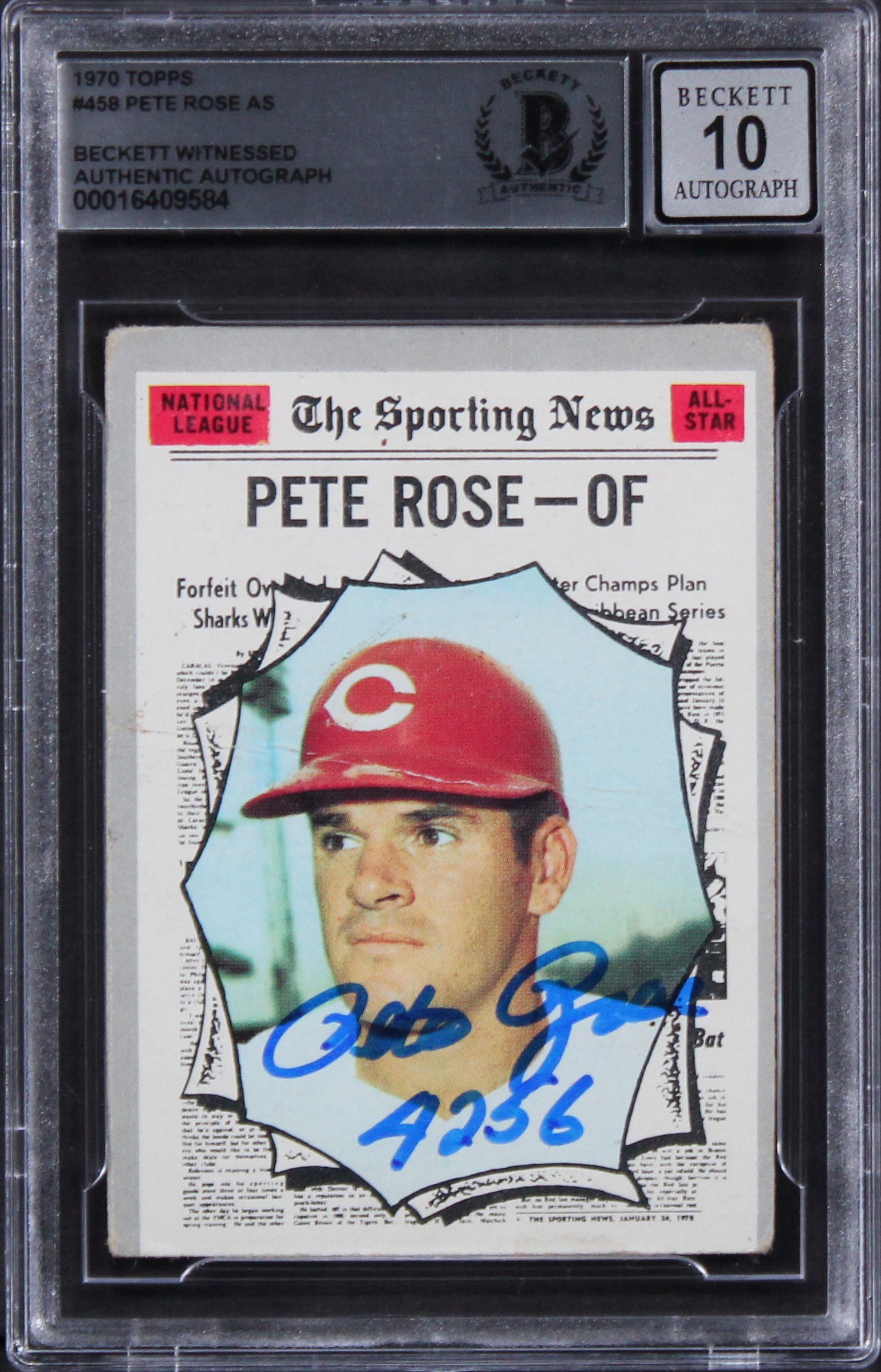 Reds Pete Rose "4256" Signed 1970 Topps #458 Card Auto 10! BAS Slabbed 1