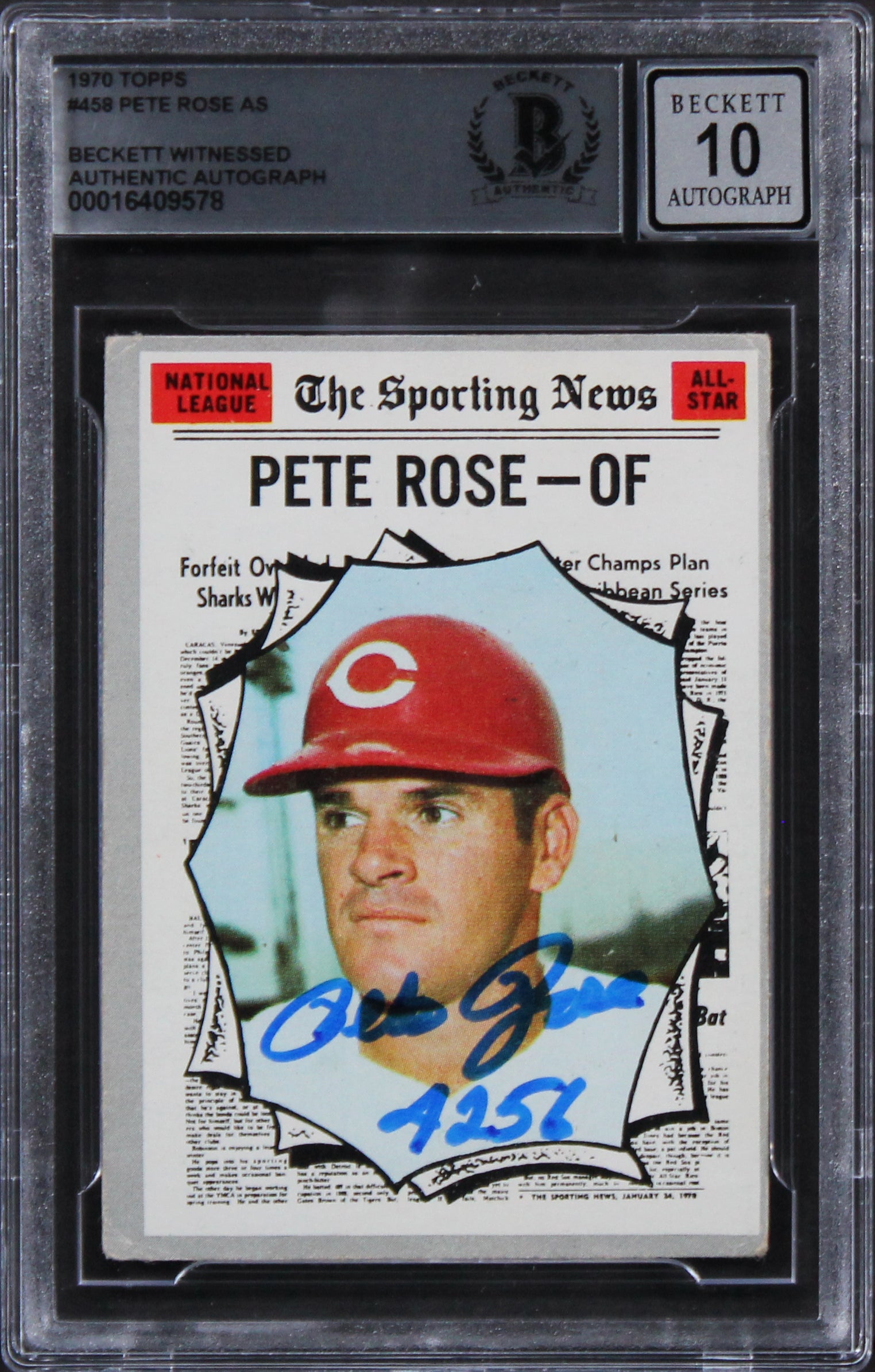 Reds Pete Rose "4256" Signed 1970 Topps #458 Card Auto 10! BAS Slabbed 7