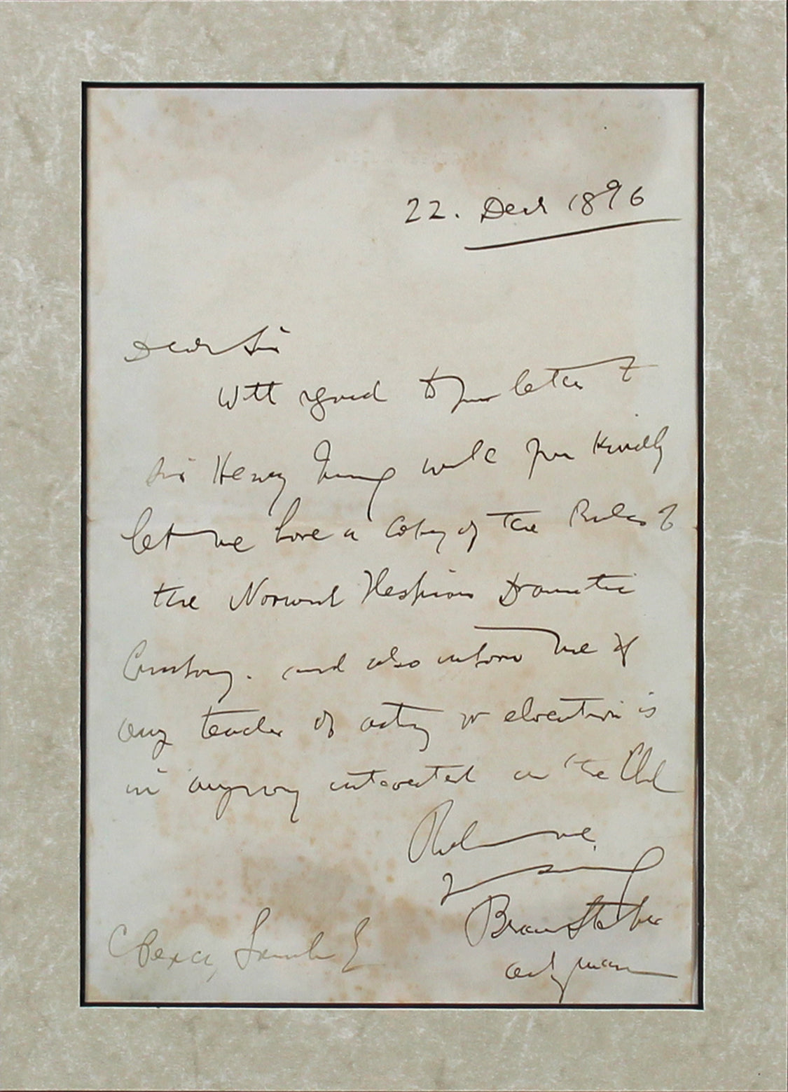 Bram Stoker Dracula Signed & Framed 5x7.5 1896 Handwritten Letter JSA #BB84405