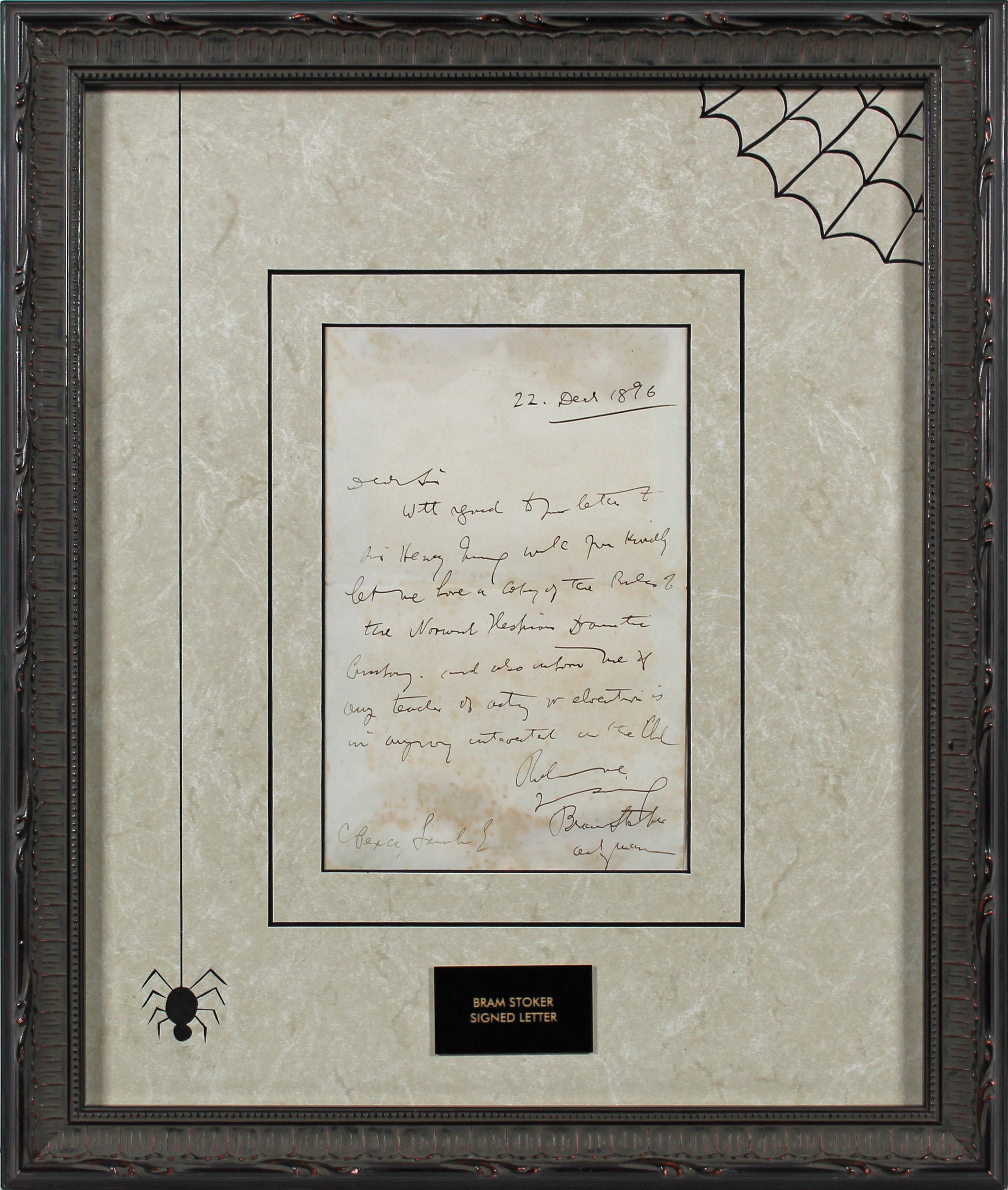 Bram Stoker Dracula Signed & Framed 5x7.5 1896 Handwritten Letter JSA #BB84405