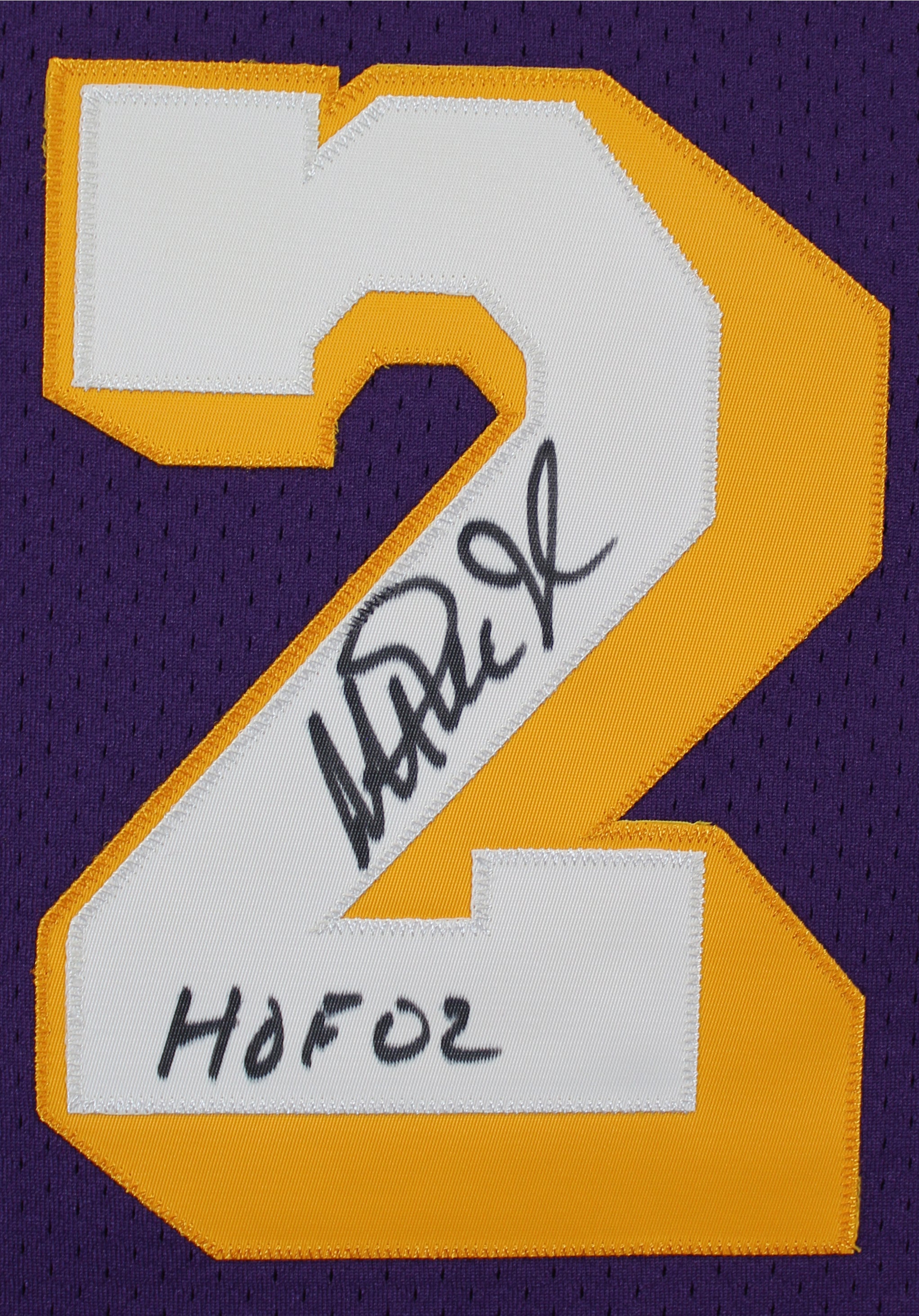 Lakers Magic Johnson "HOF 02" Signed 1984-85 M&N HWC Authentic Purple Jersey BAS