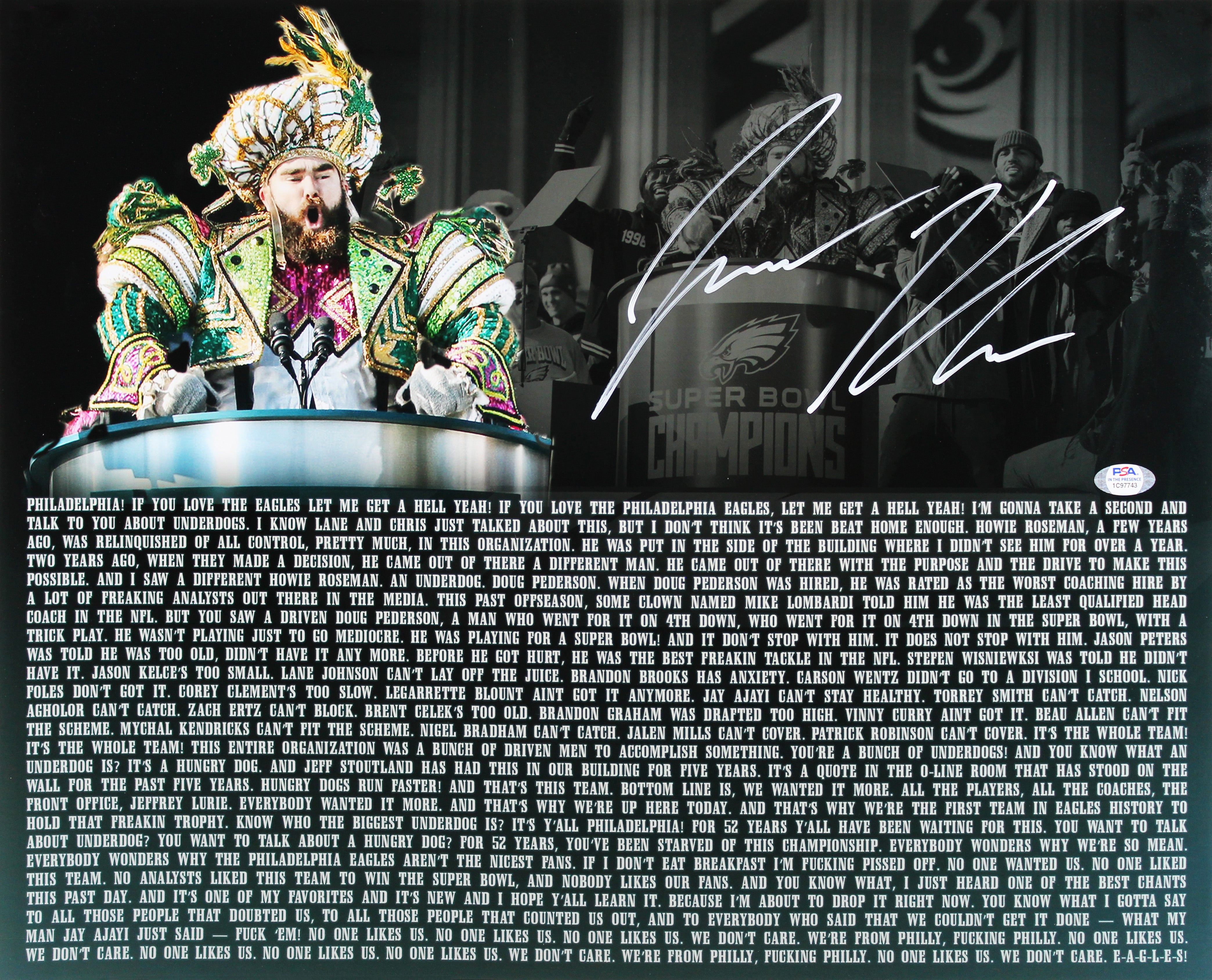 Eagles Jason Kelce Authentic Signed 16x20 SB Champions Speech Photo PSA/DNA Itp