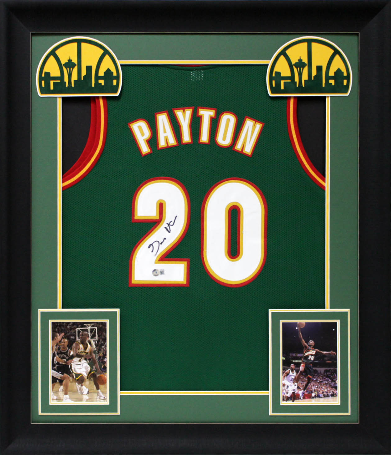 Gary Payton Authentic Signed Green Pro Style Framed Jersey w/ White #s BAS