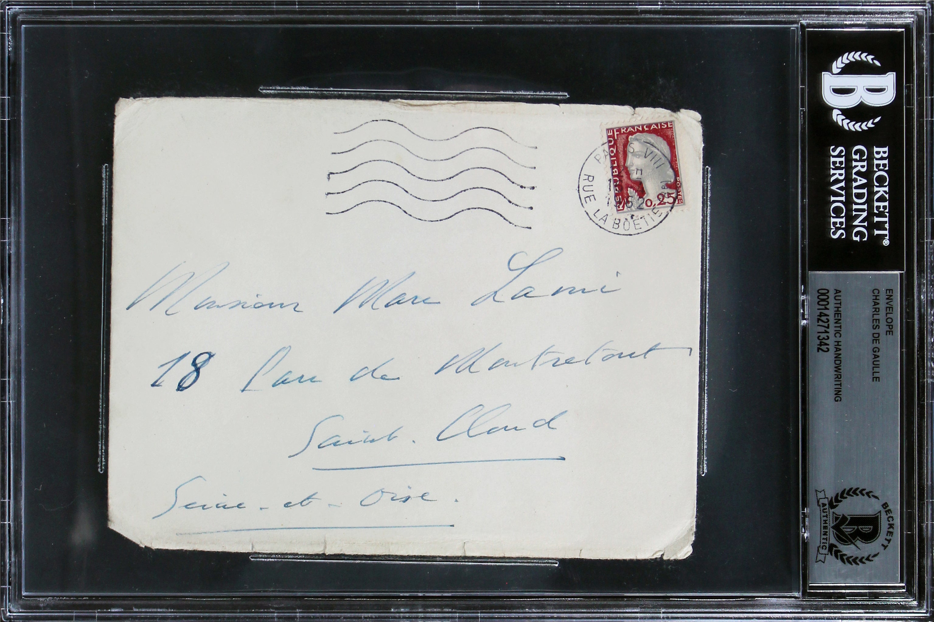 Charles De Gaulle 4.5x5.75 Handwritten Envelope Postmarked 1962 BAS Slabbed