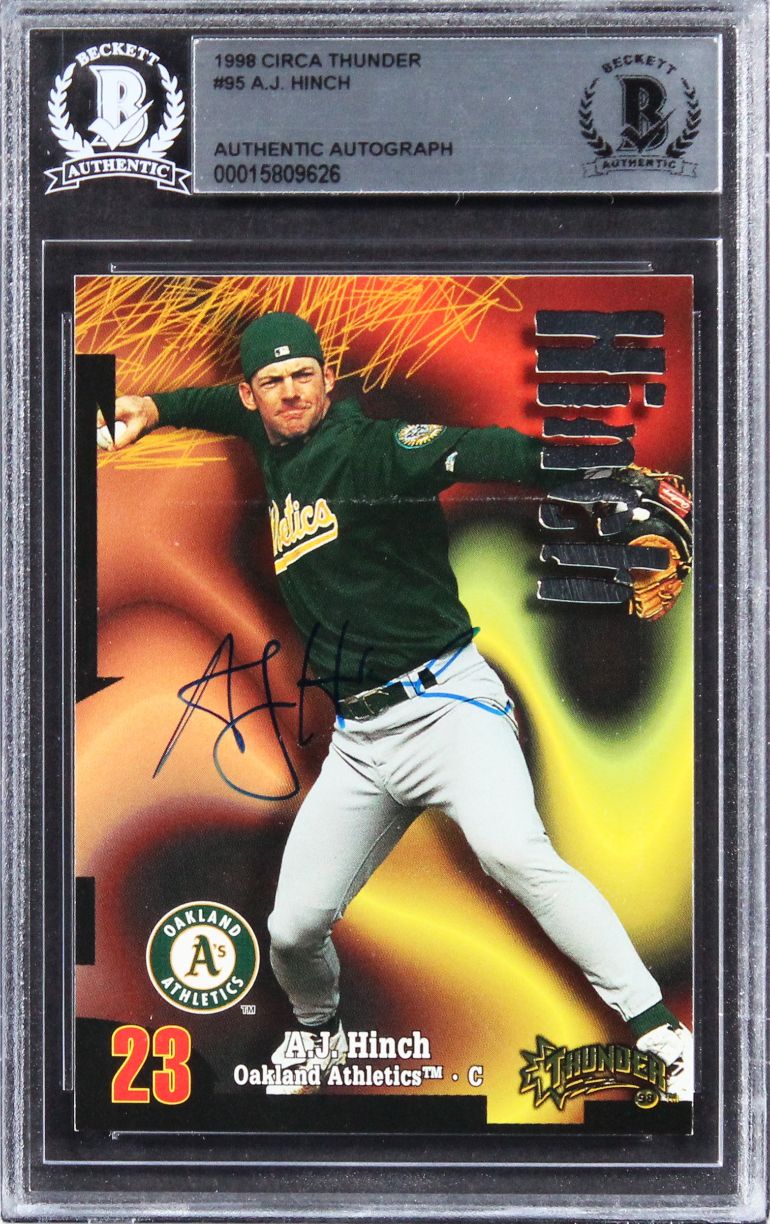 Athletics A.J. Hinch Authentic Signed 1998 Circa Thunder #95 RC Card BAS Slabbed