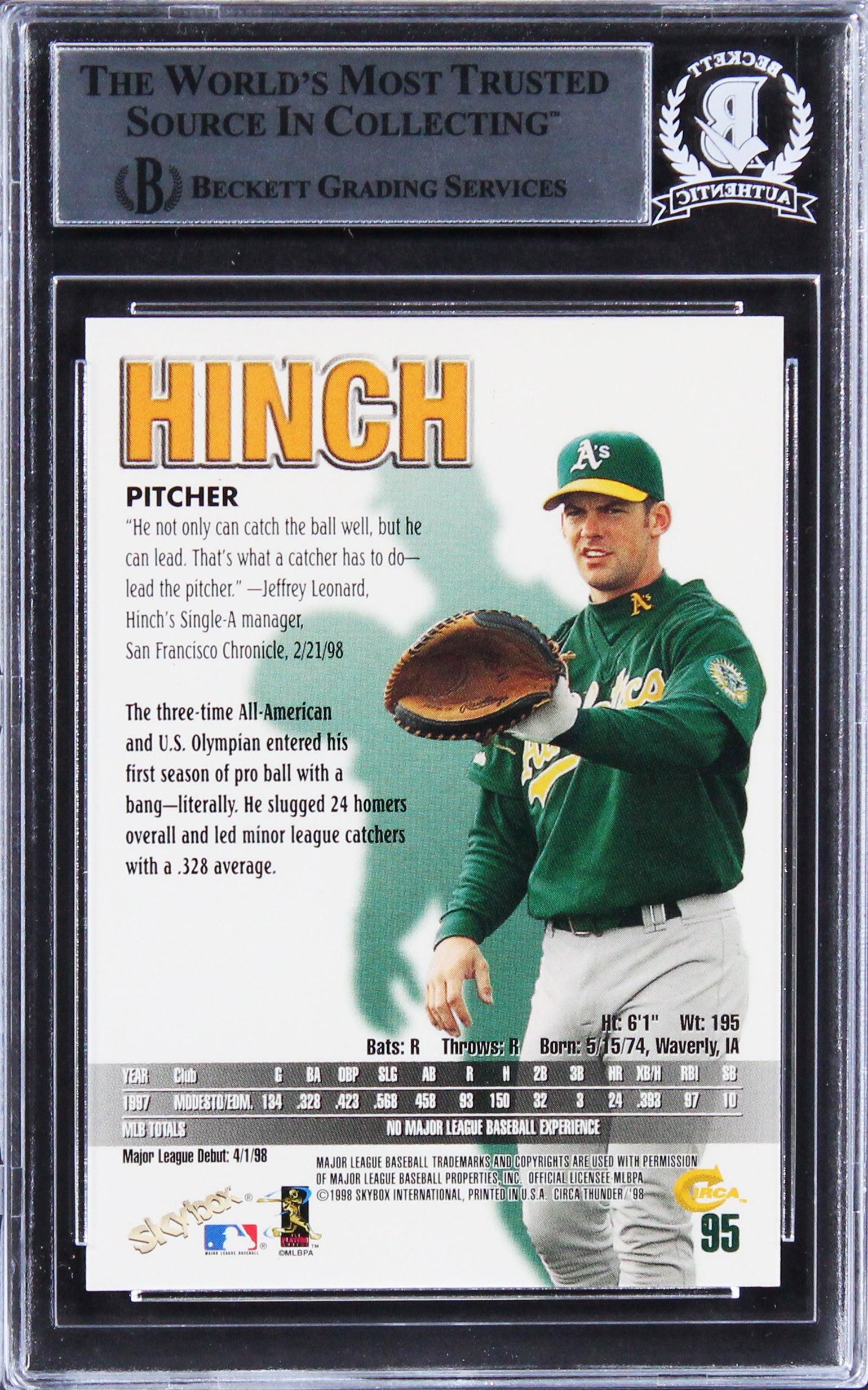 Athletics A.J. Hinch Authentic Signed 1998 Circa Thunder #95 RC Card BAS Slabbed