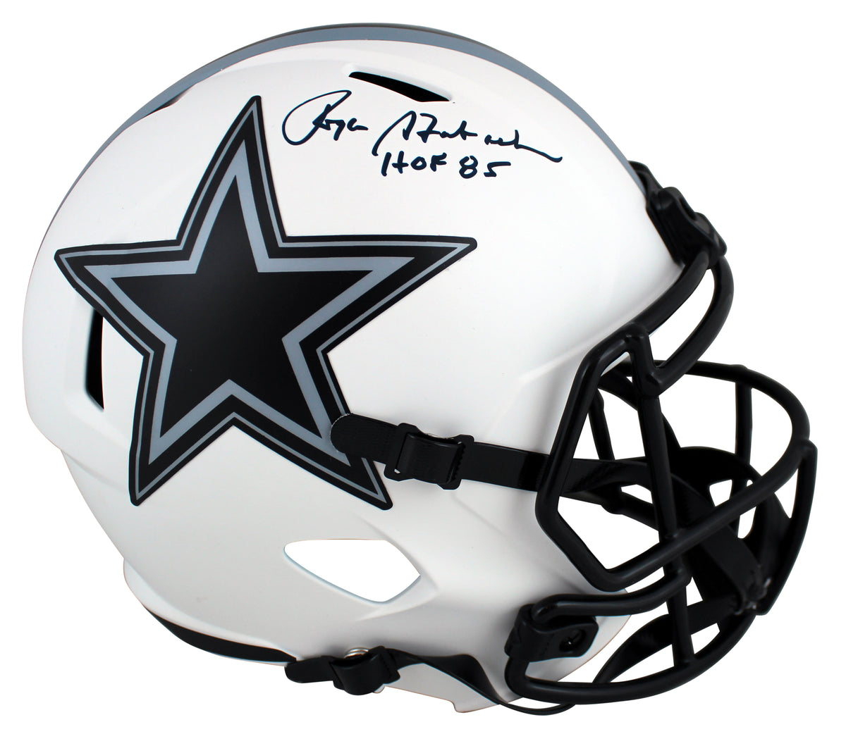 Cowboys Roger Staubach HOF 85 Signed Lunar Full Size Speed Rep Helmet BAS Wit