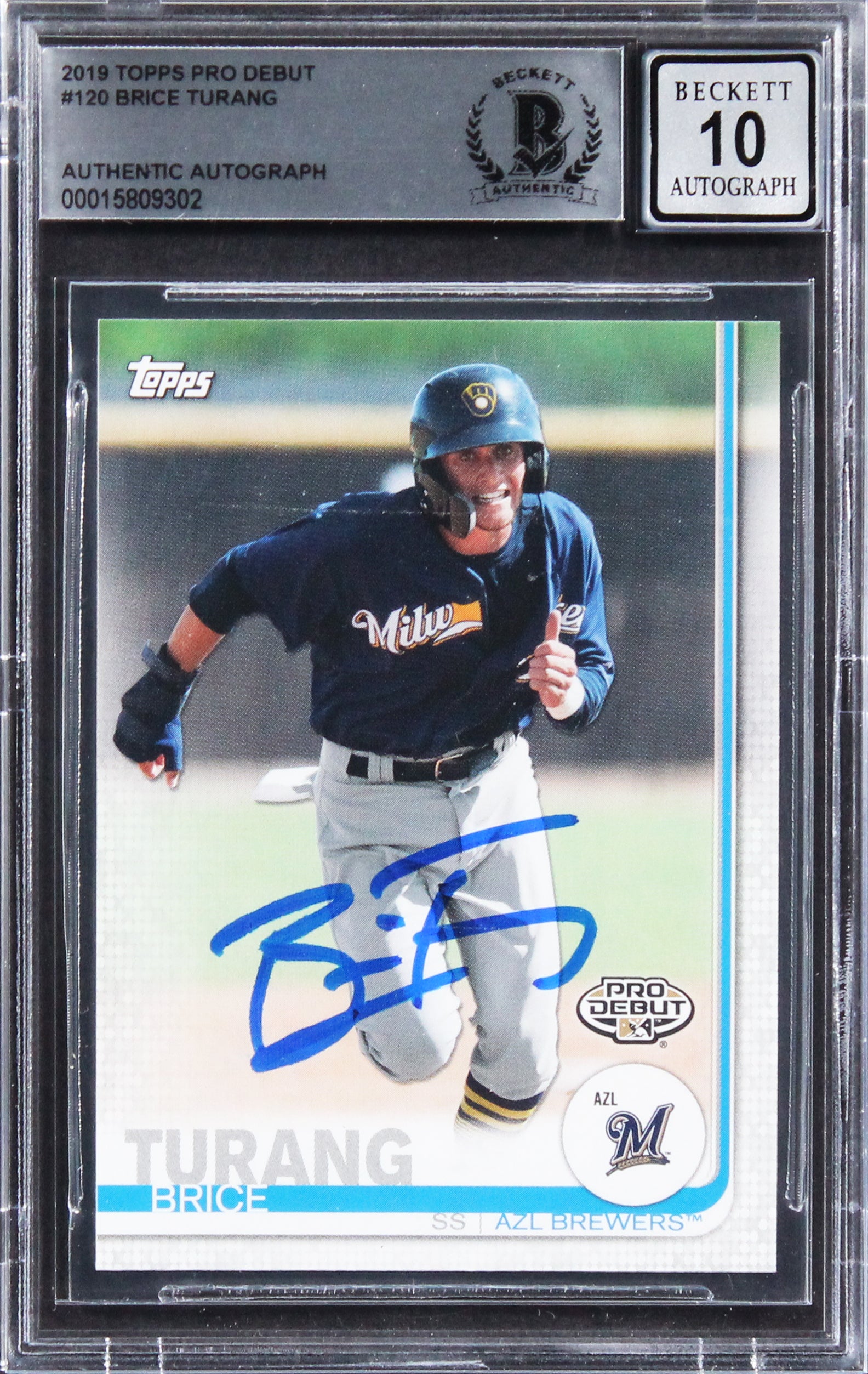 Brewers Brice Turang Signed 2019 Topps Pro Debut #120 Card Auto 10! BAS Slabbed