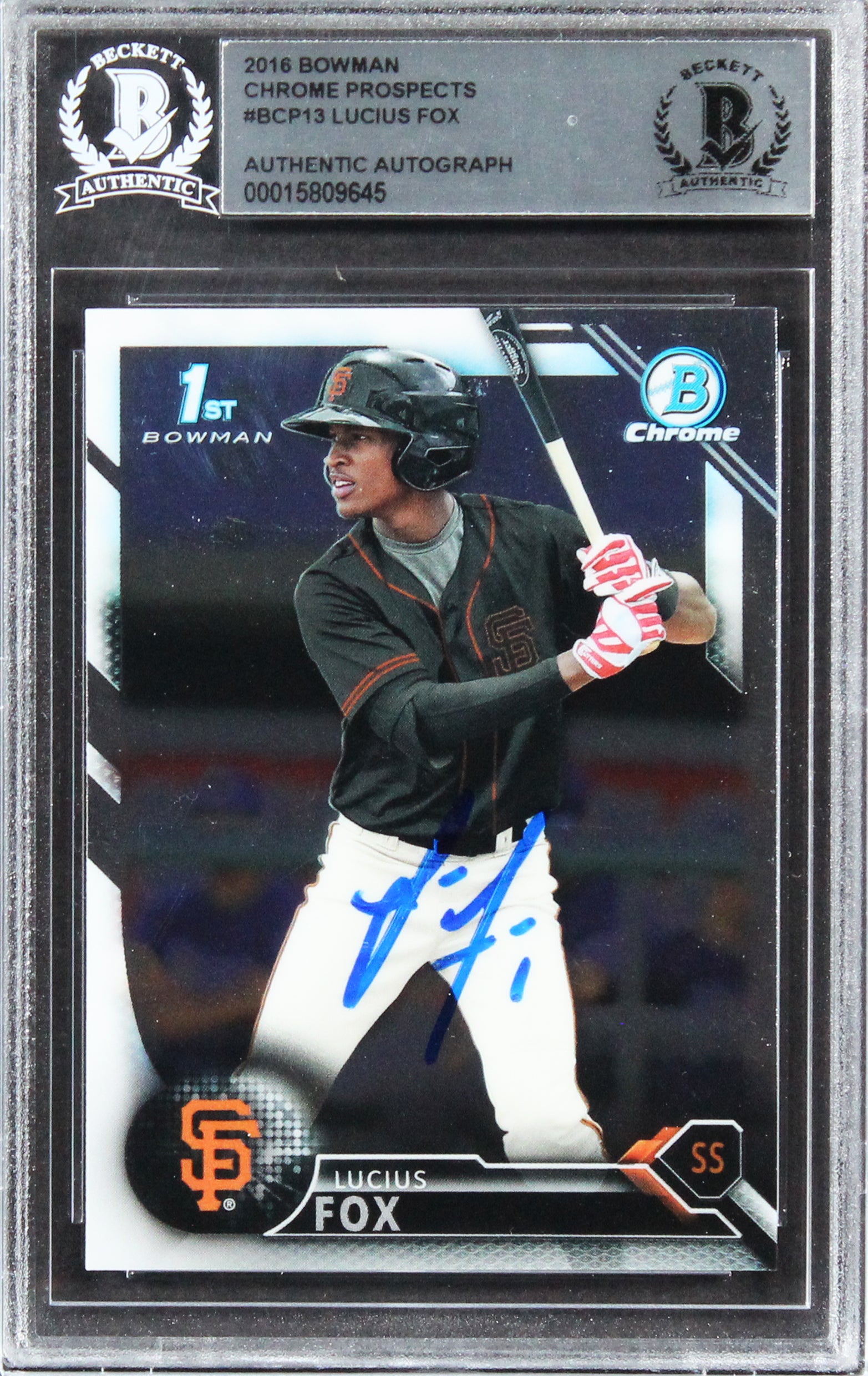Giants Lucius Fox Signed 2016 Bowman Chrome Prospects #BCP13 Card BAS Slabbed