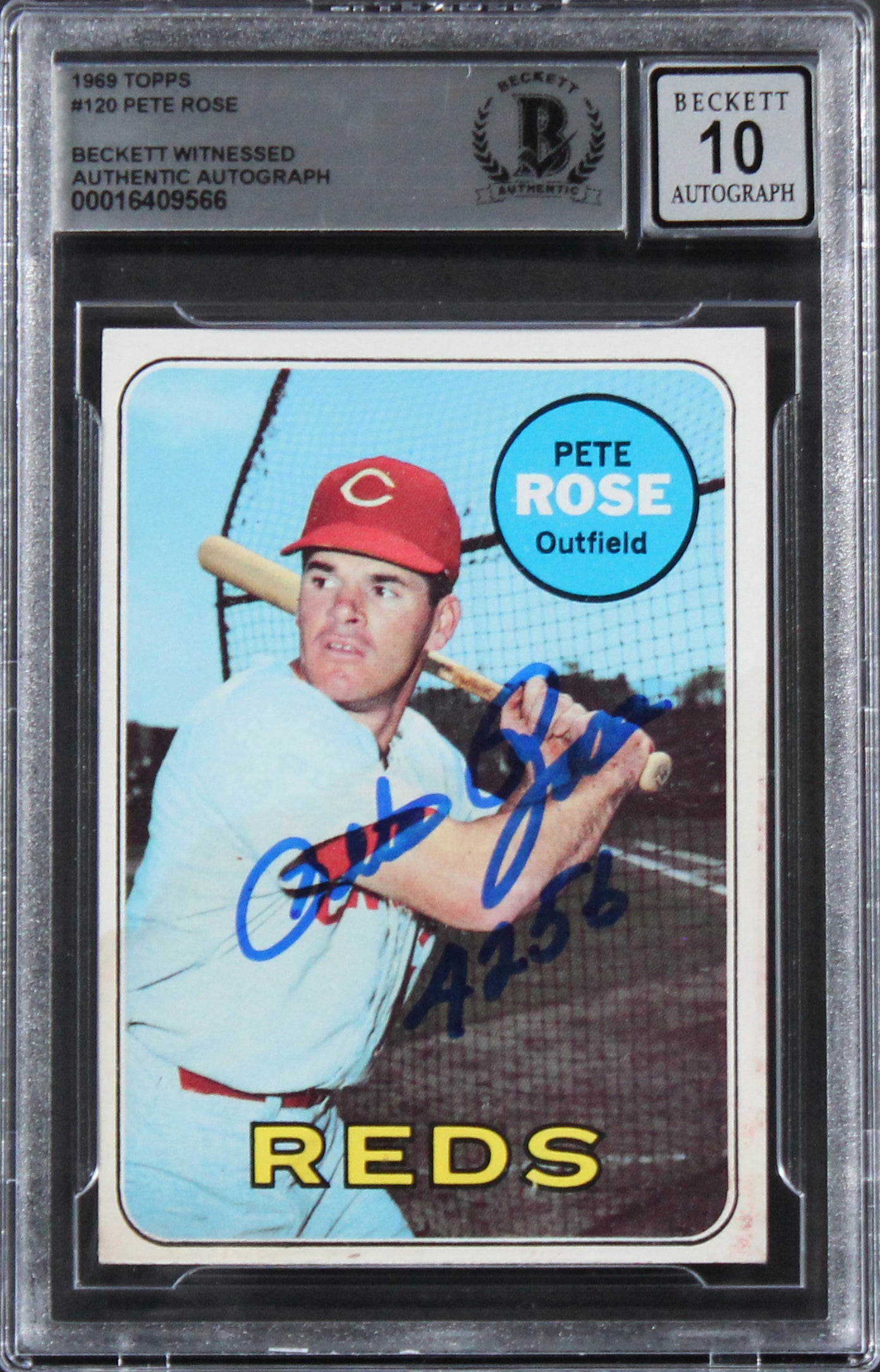 Reds Pete Rose "4256" Signed 1969 Topps #120 Card Auto Graded 10! BAS Slabbed 1