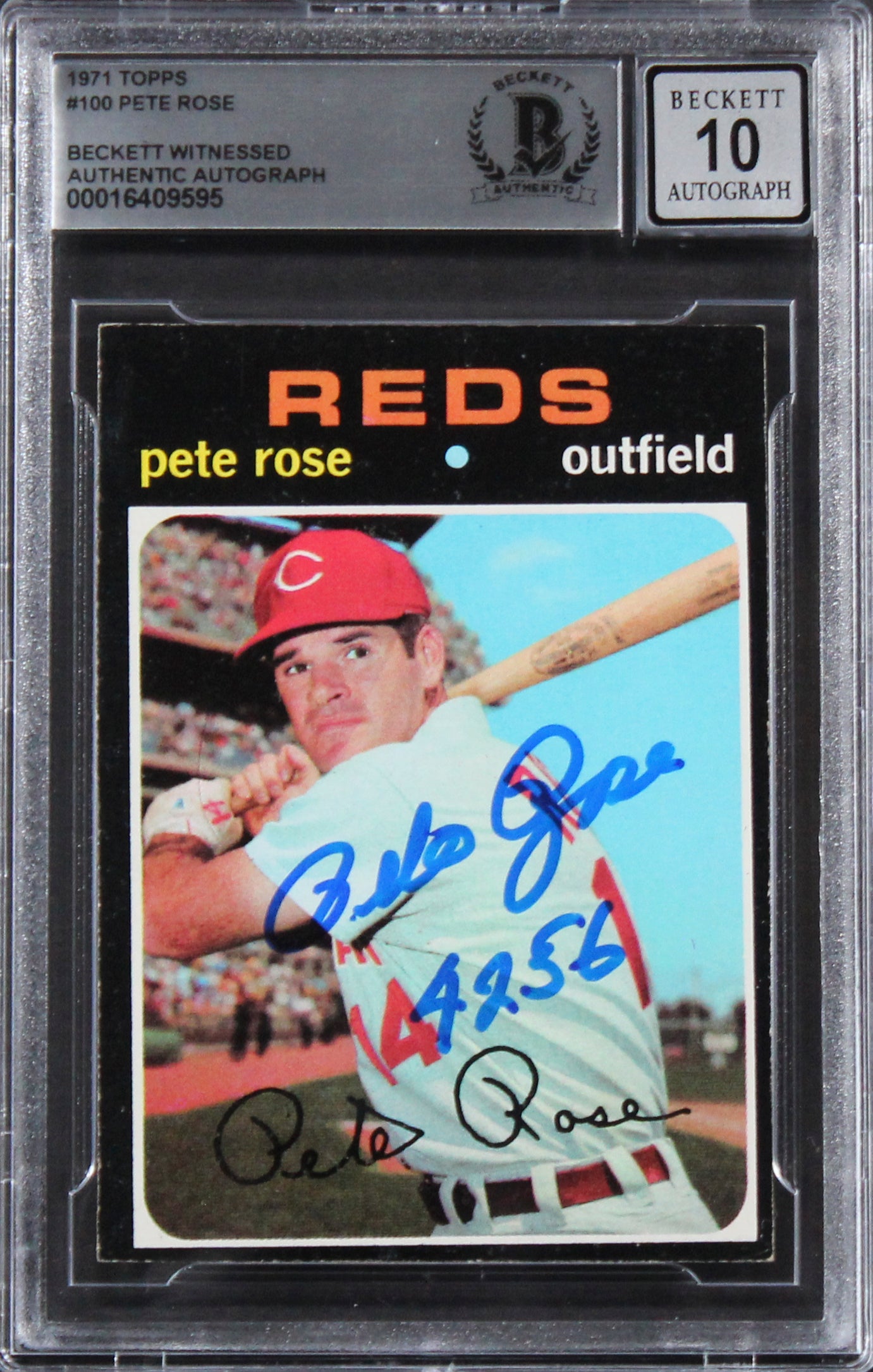 Reds Pete Rose "4256" Signed 1971 Topps #100 Card Auto Graded 10! BAS Slabbed 2