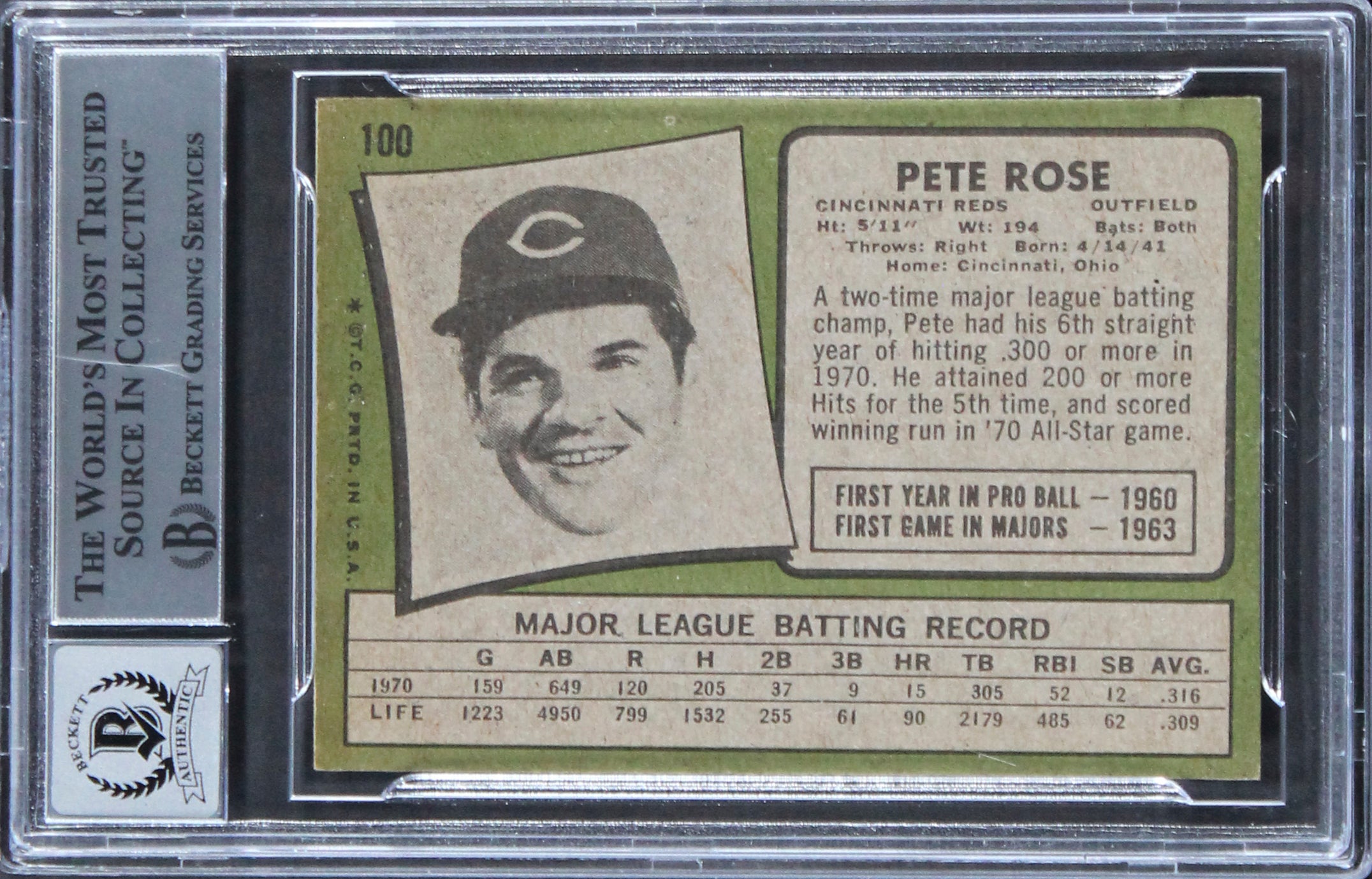 Reds Pete Rose "4256" Signed 1971 Topps #100 Card Auto Graded 10! BAS Slabbed 2