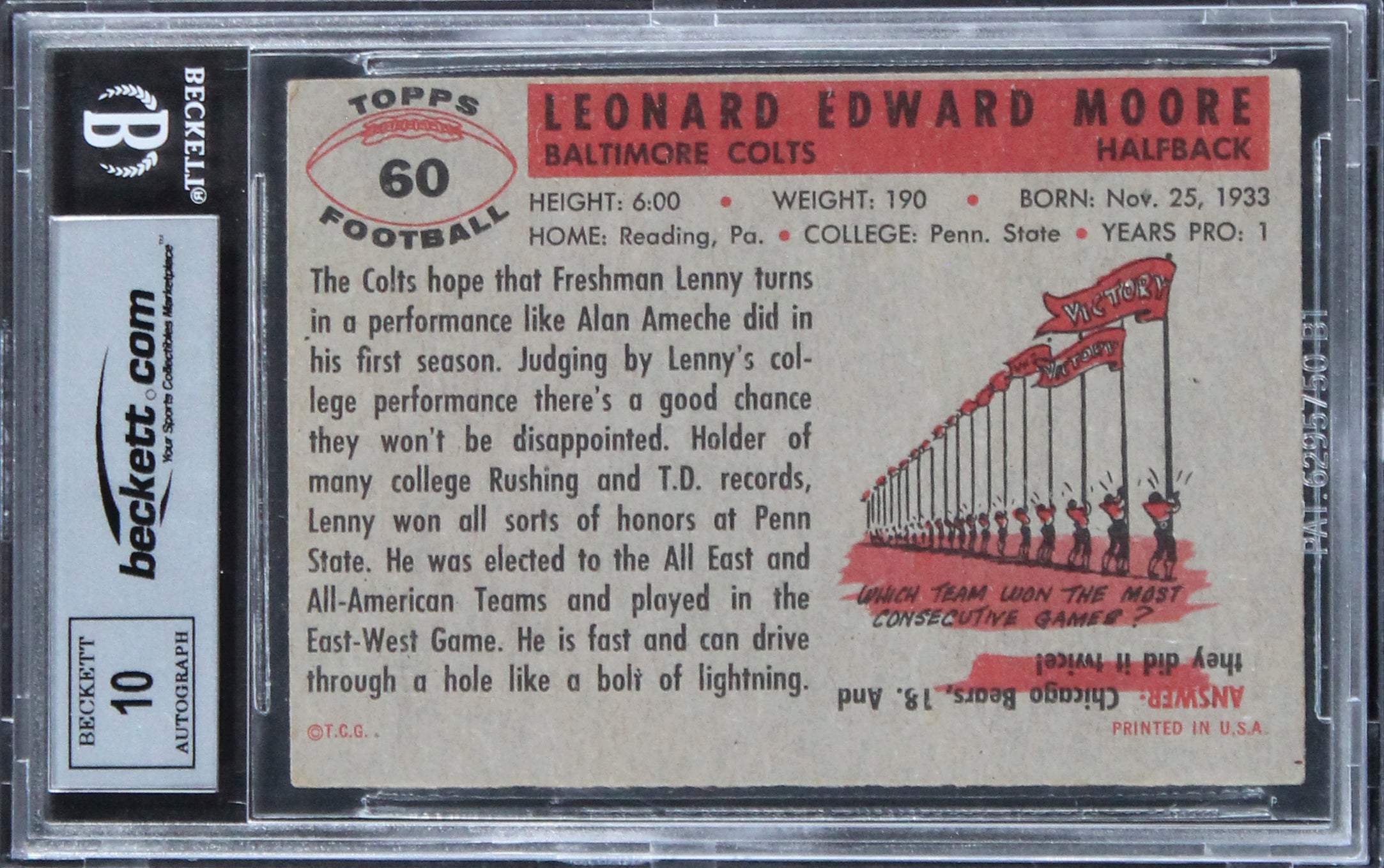 Colts Lenny Moore "HOF 75" Signed 1956 Topps #60 Rookie Card Auto 10 BAS Slab  2