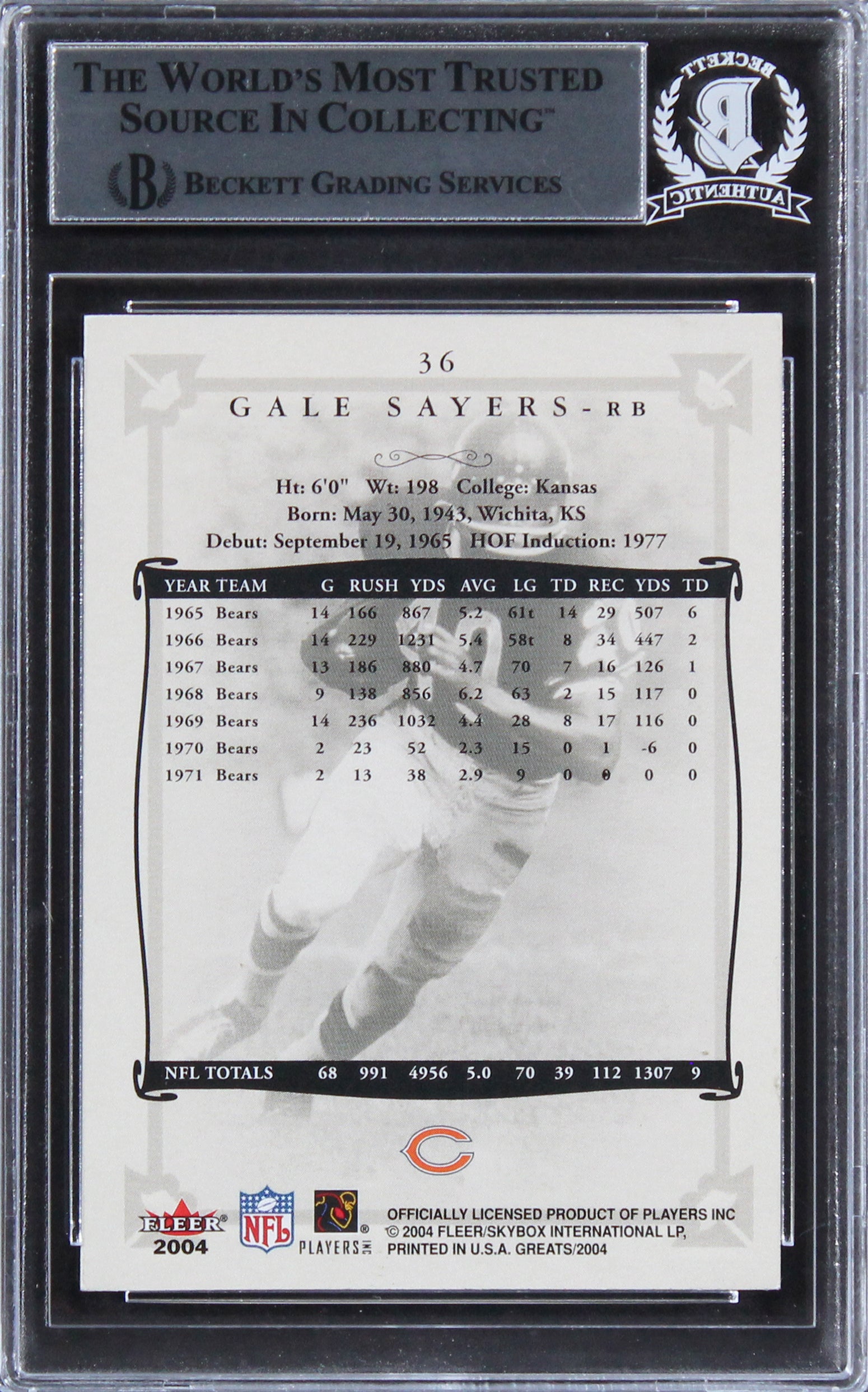 Bears Gale Sayers Authentic Signed 2004 Greats of the Game #36 Card BAS Slabbed