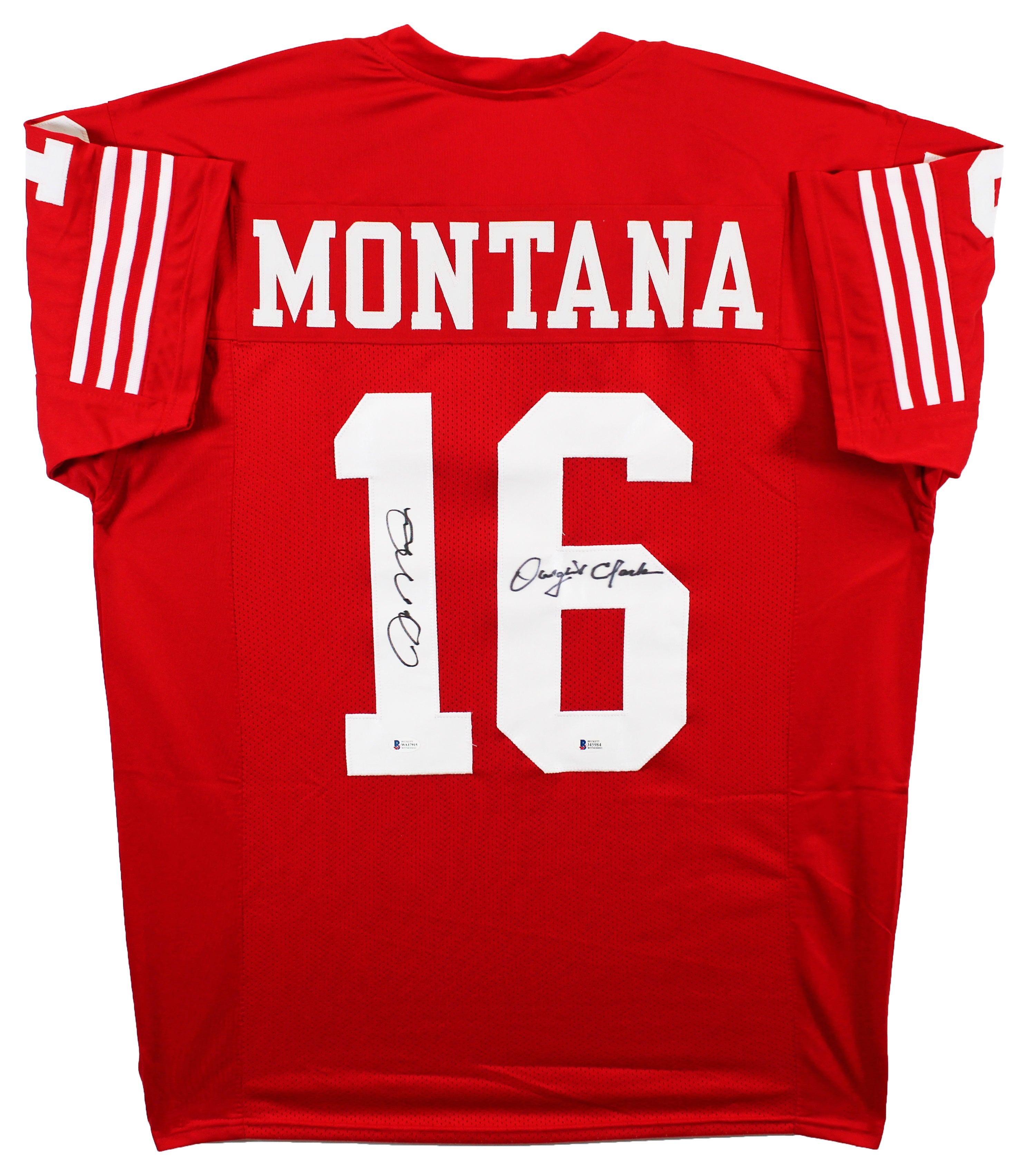 Joe Montana & Dwight Clark Authentic Signed Red Pro Style Jersey BAS Witnessed