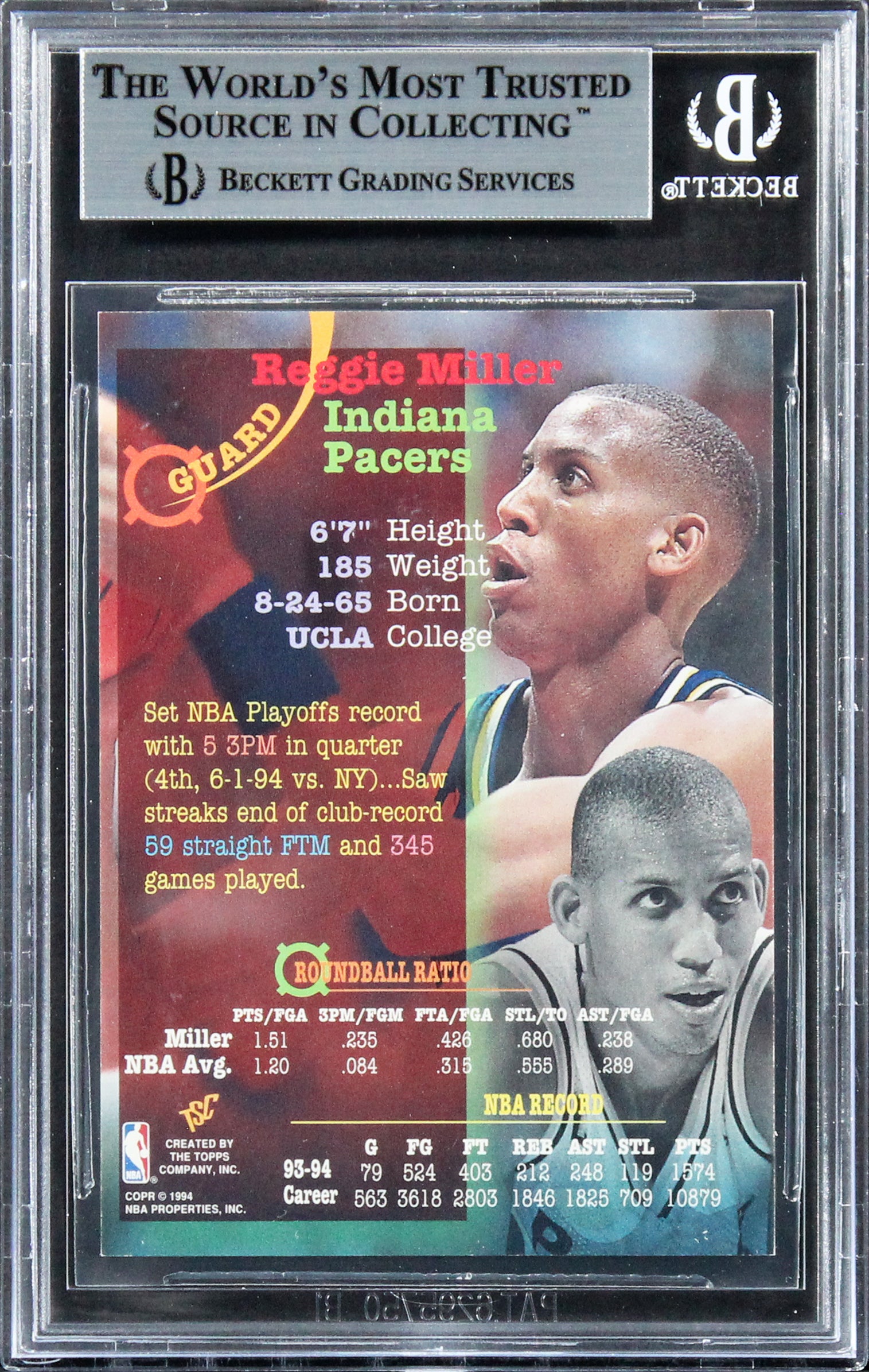 Pacers Reggie Miller Authentic Signed 1994 Stadium Club #144 Card BAS Slabbed
