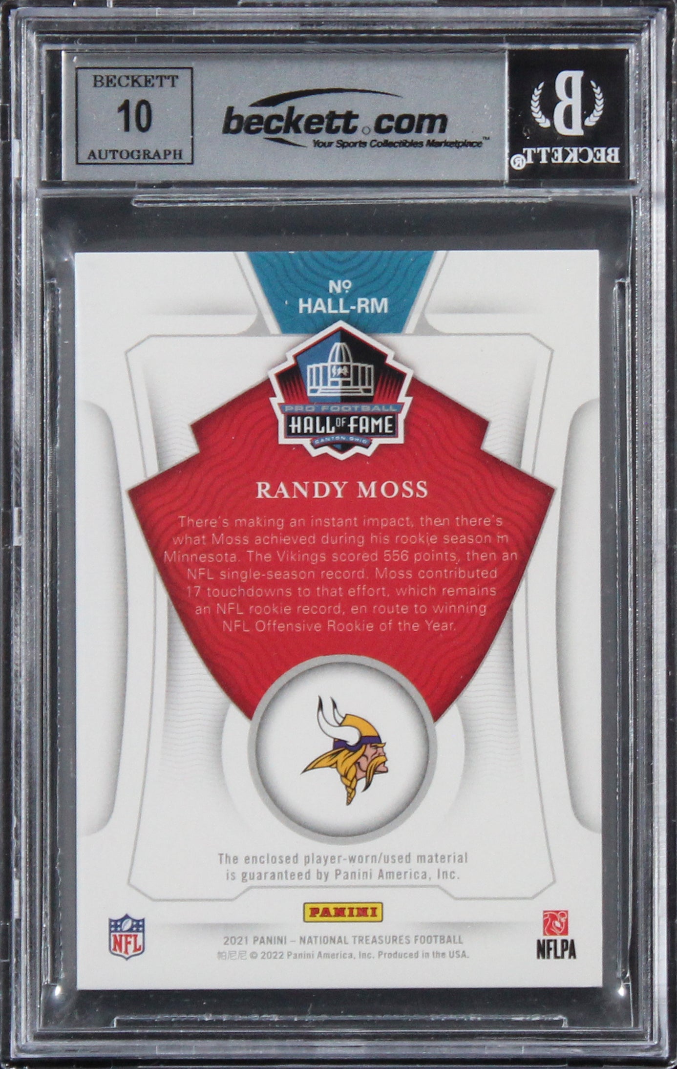 Vikings Randy Moss Signed 2021 National Treasures THM #3 Card Auto 10! BAS Slab