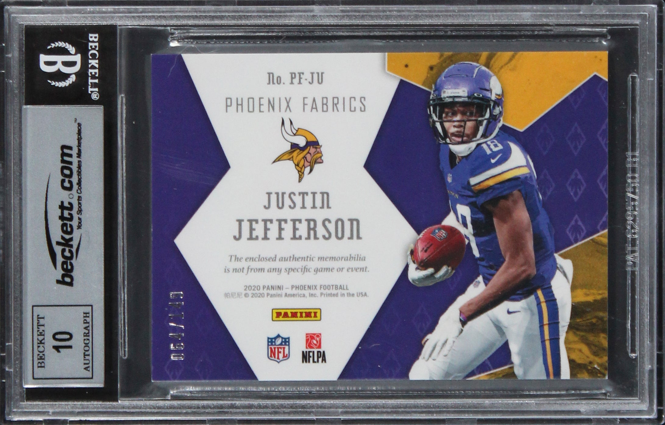 Justin Jefferson Signed 2020 Panini Phoenix Fabrics #11 RC Card Auto 10 BAS Slab