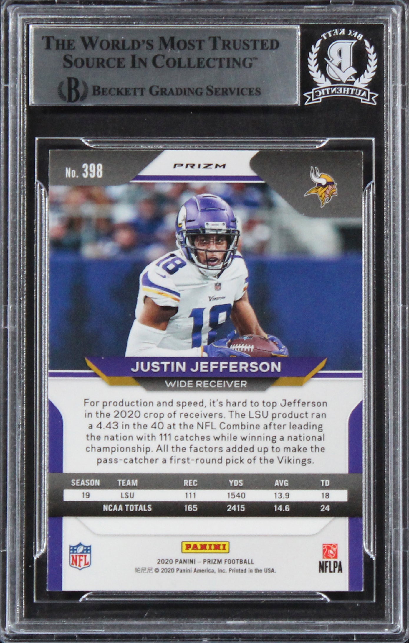 Vikings Justin Jefferson Signed 2020 Panini Prizm RWB #398 Rookie Card BAS Slab