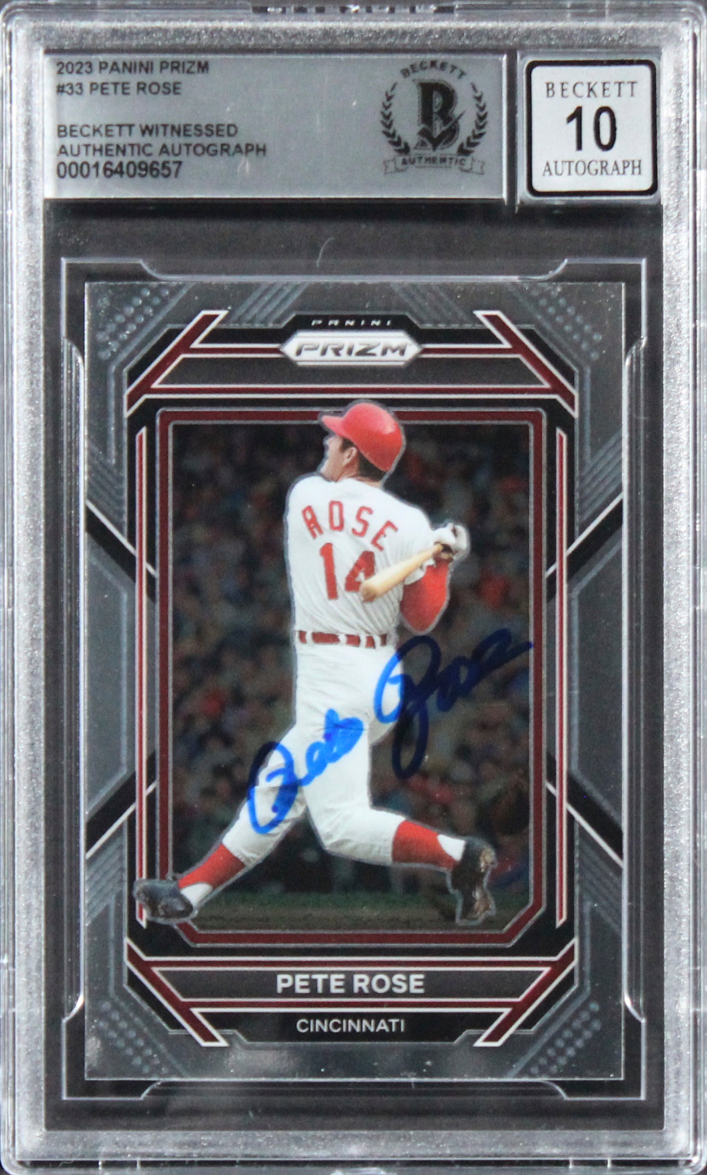 Reds Pete Rose Authentic Signed 2023 Panini Prizm #33 Card Auto 10! BAS Slabbed