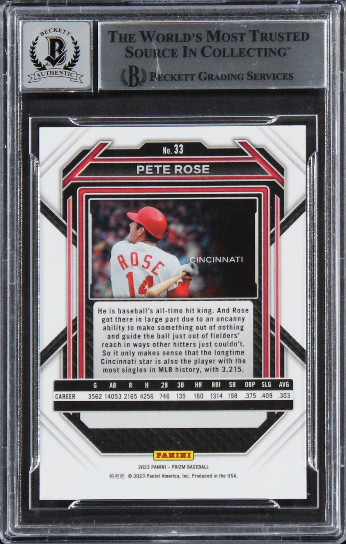 Reds Pete Rose Authentic Signed 2023 Panini Prizm #33 Card Auto 10! BAS Slabbed