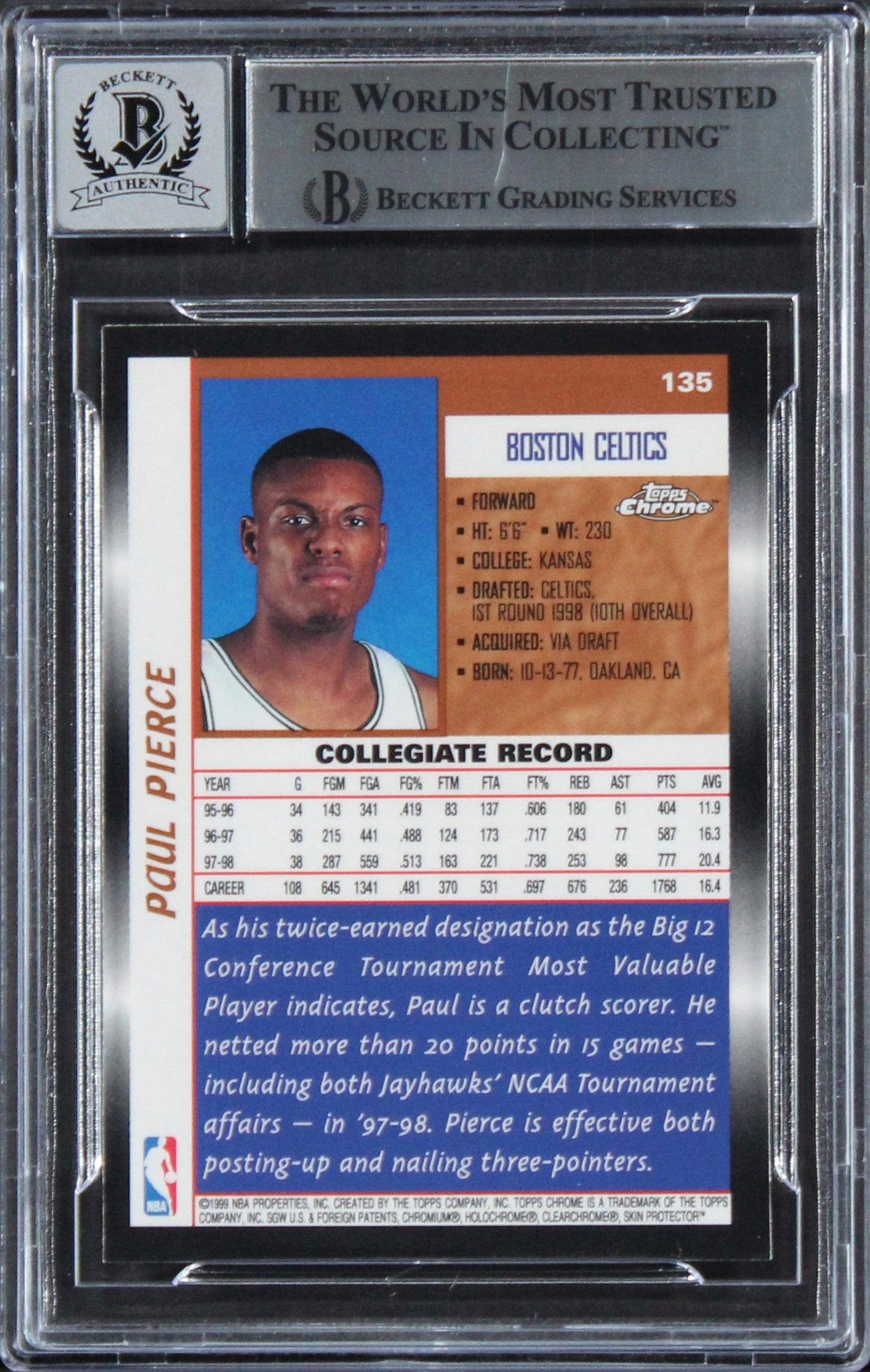 Celtics Paul Pierce Signed 1998 Topps Chrome #135 Rookie Card Auto 10! BAS Slab