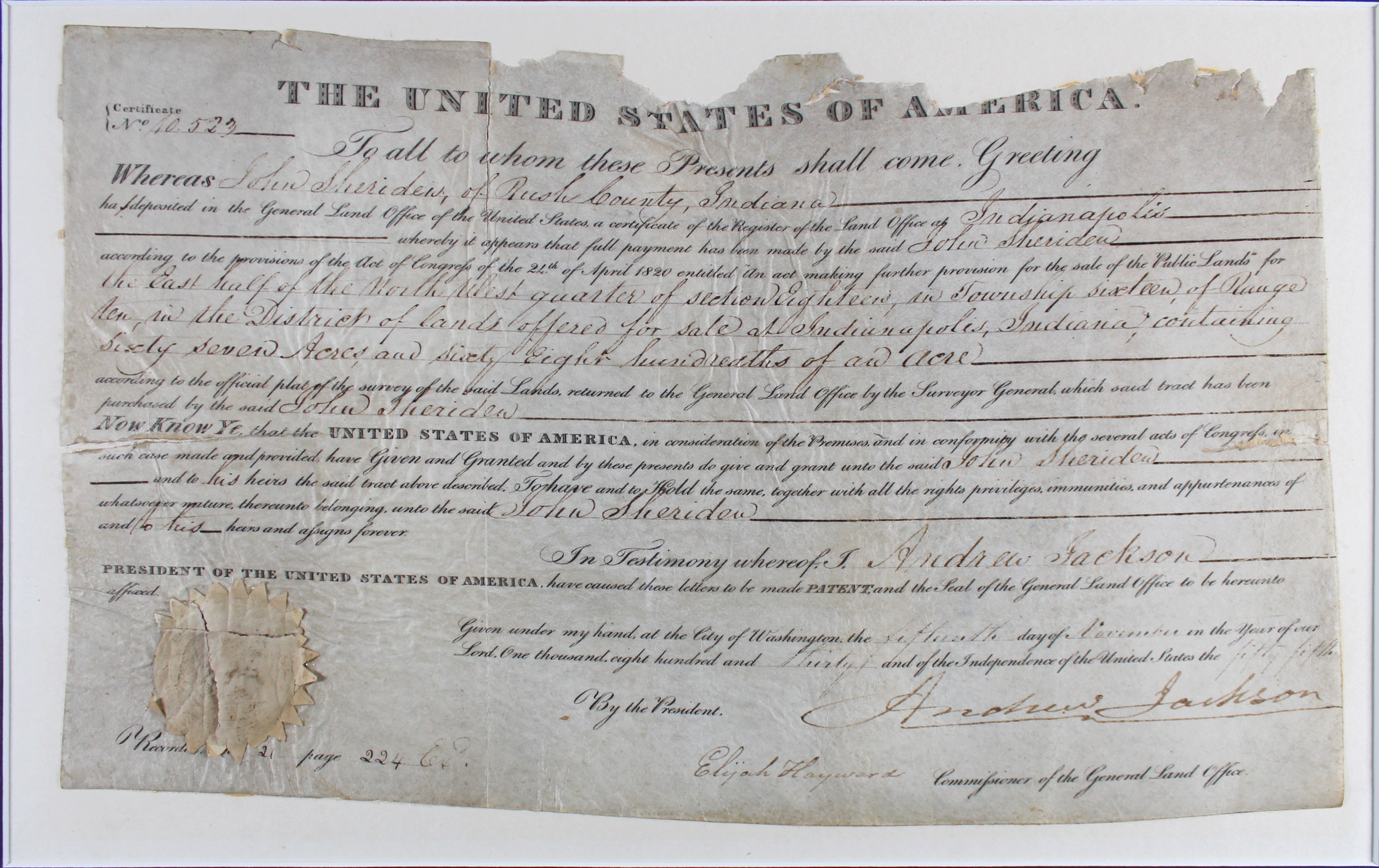 Andrew Jackson Authentic Signed & Framed 9.25x15.5 1830 Land Grant JSA #X56773