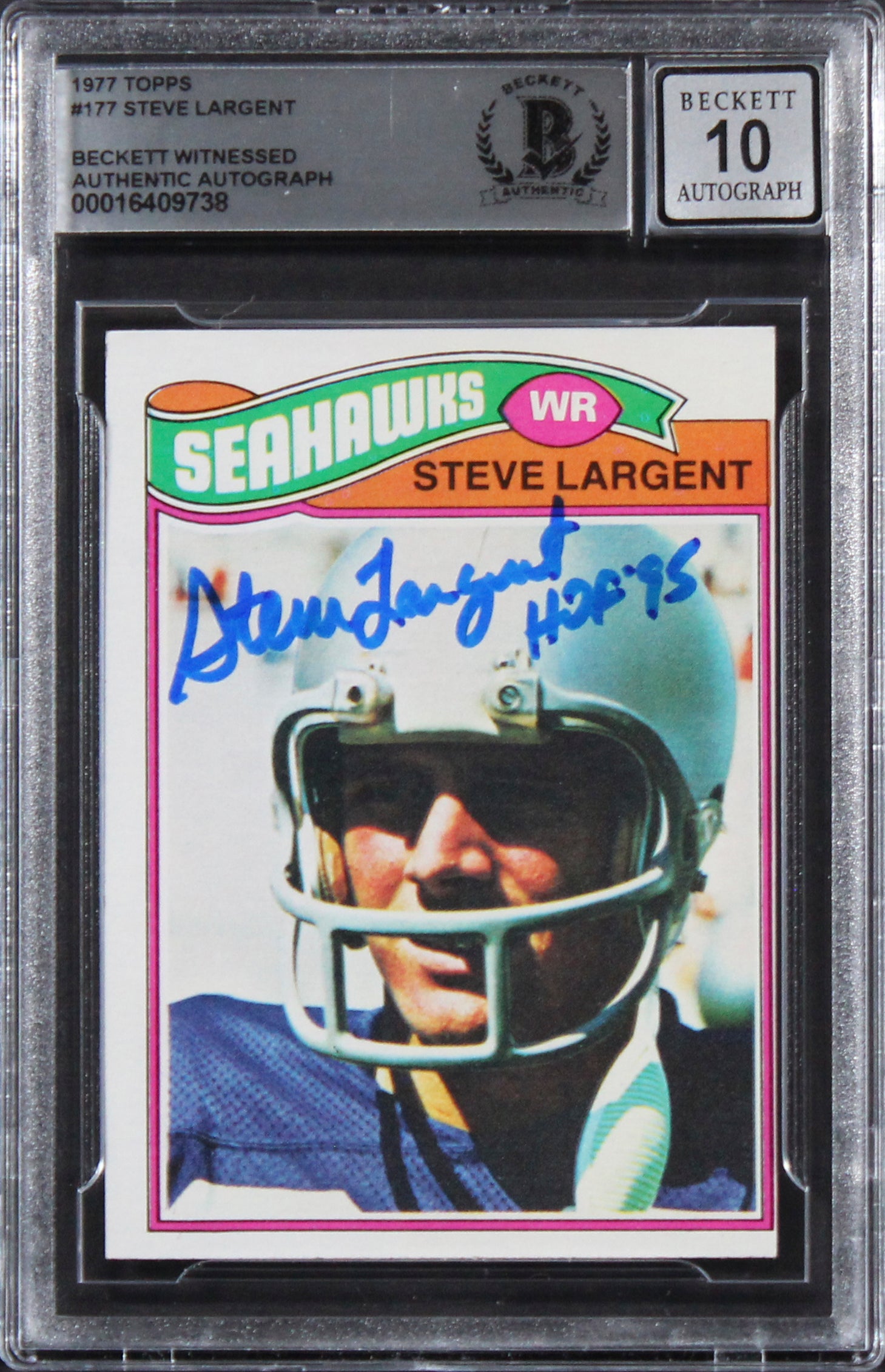 Seahawks Steve Largent "HOF 95" Signed 1977 Topps #177 Card Auto 10! BAS Slab 2