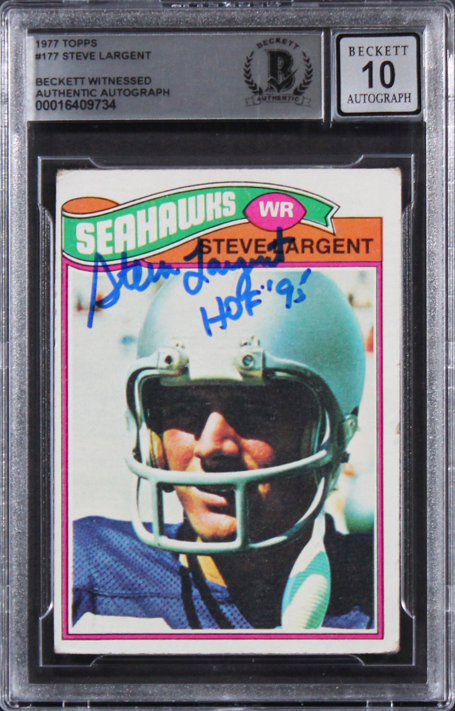 Seahawks Steve Largent "HOF 95" Signed 1977 Topps #177 Card Auto 10! BAS Slab 4