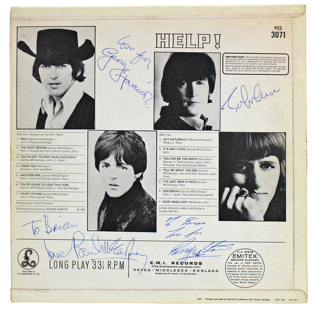 Beatles (4) Lennon, McCartney Signed 1965 Help! Album Cover BAS & Caiazzo LOAs