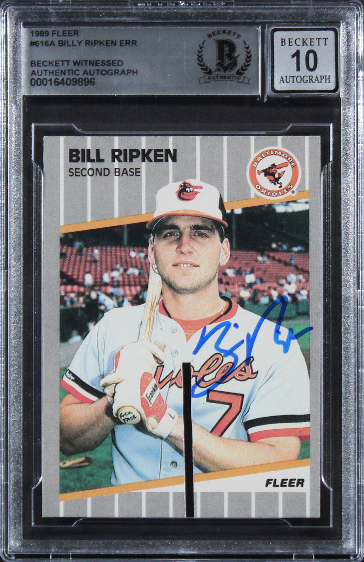 Orioles Billy Ripken Signed 1989 Fleer #616A Error Saw Cut Card Auto 10 BAS Slab