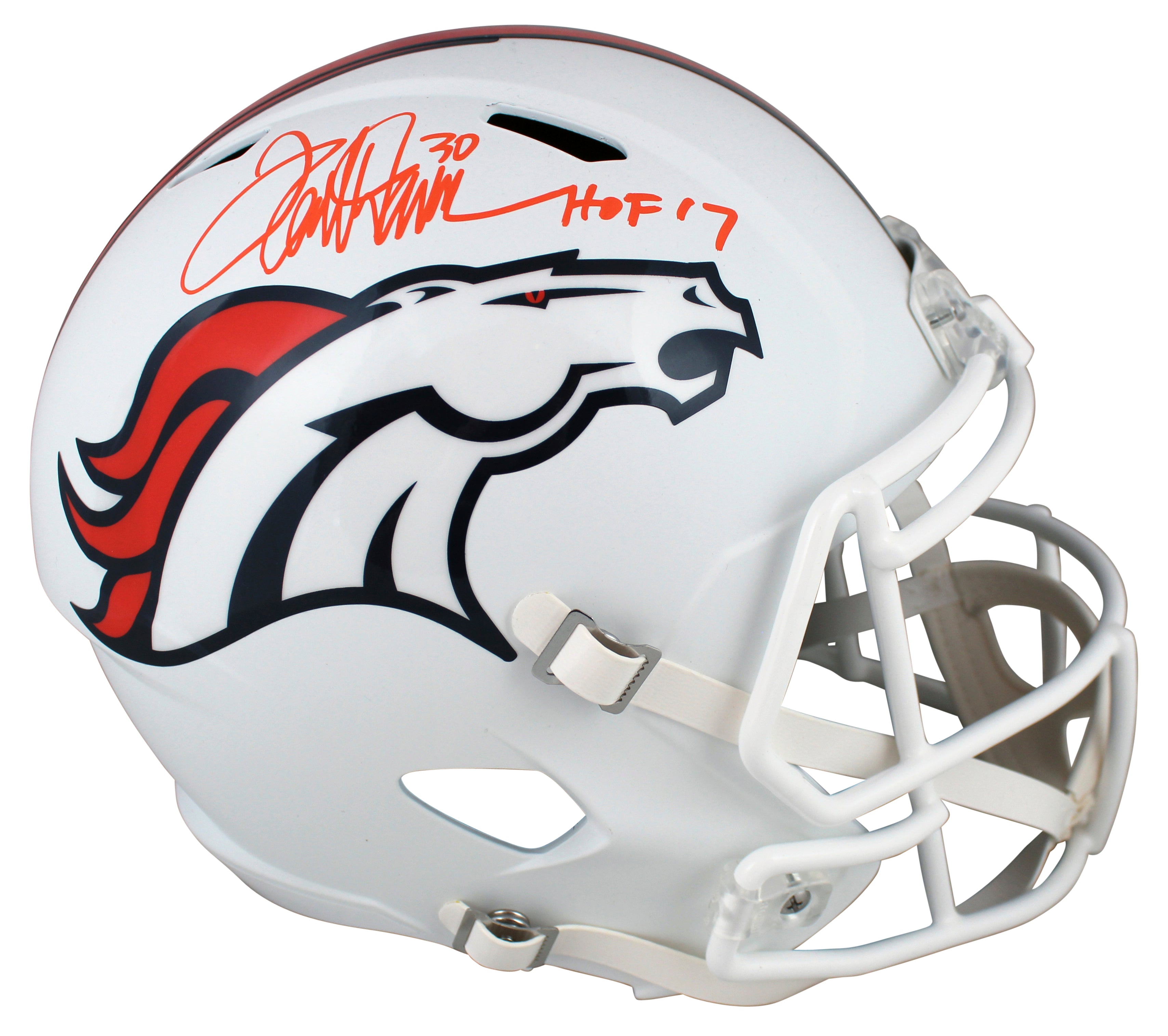 Broncos Terrell Davis "HOF 17" Signed Flat White Full Size Speed Rep Helmet BAS