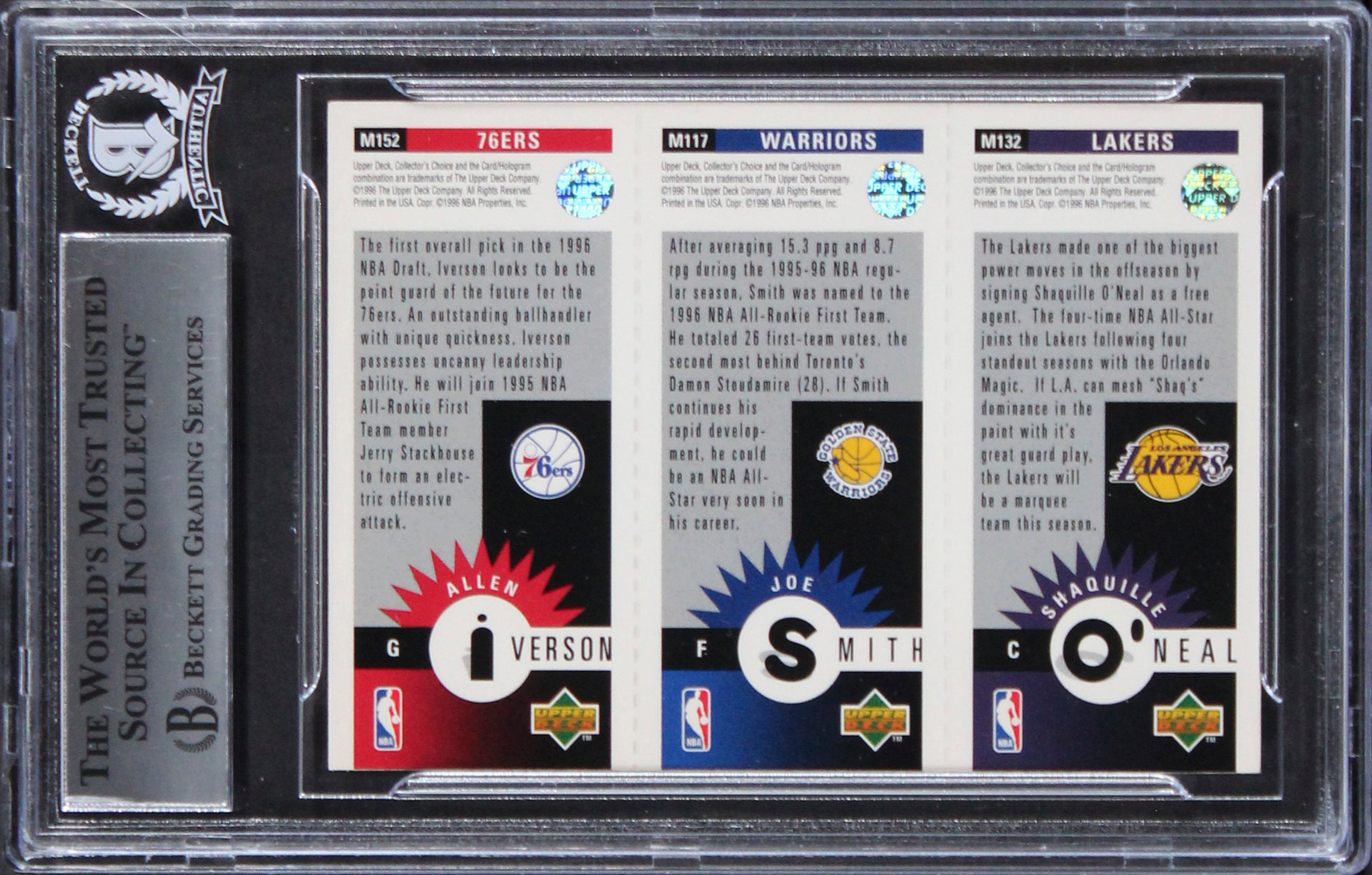 Shaquille O'Neal & Allen Iverson Signed 1996 CC Mini-Cards #M152 Card BAS Slab
