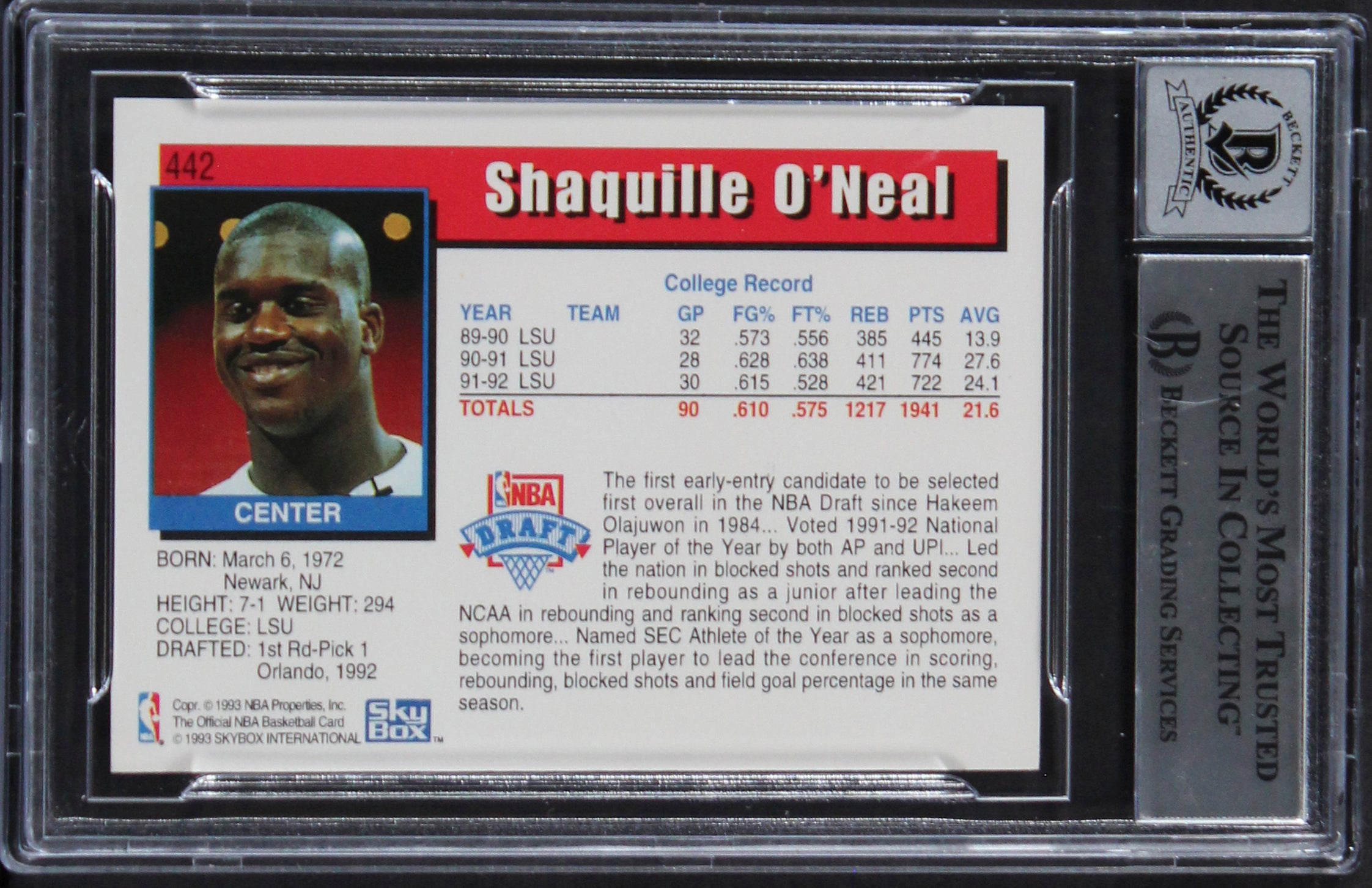 Magic Shaquille O'Neal Signed 1992 Hoops #442 Rookie Card Auto 10! BAS Slabbed