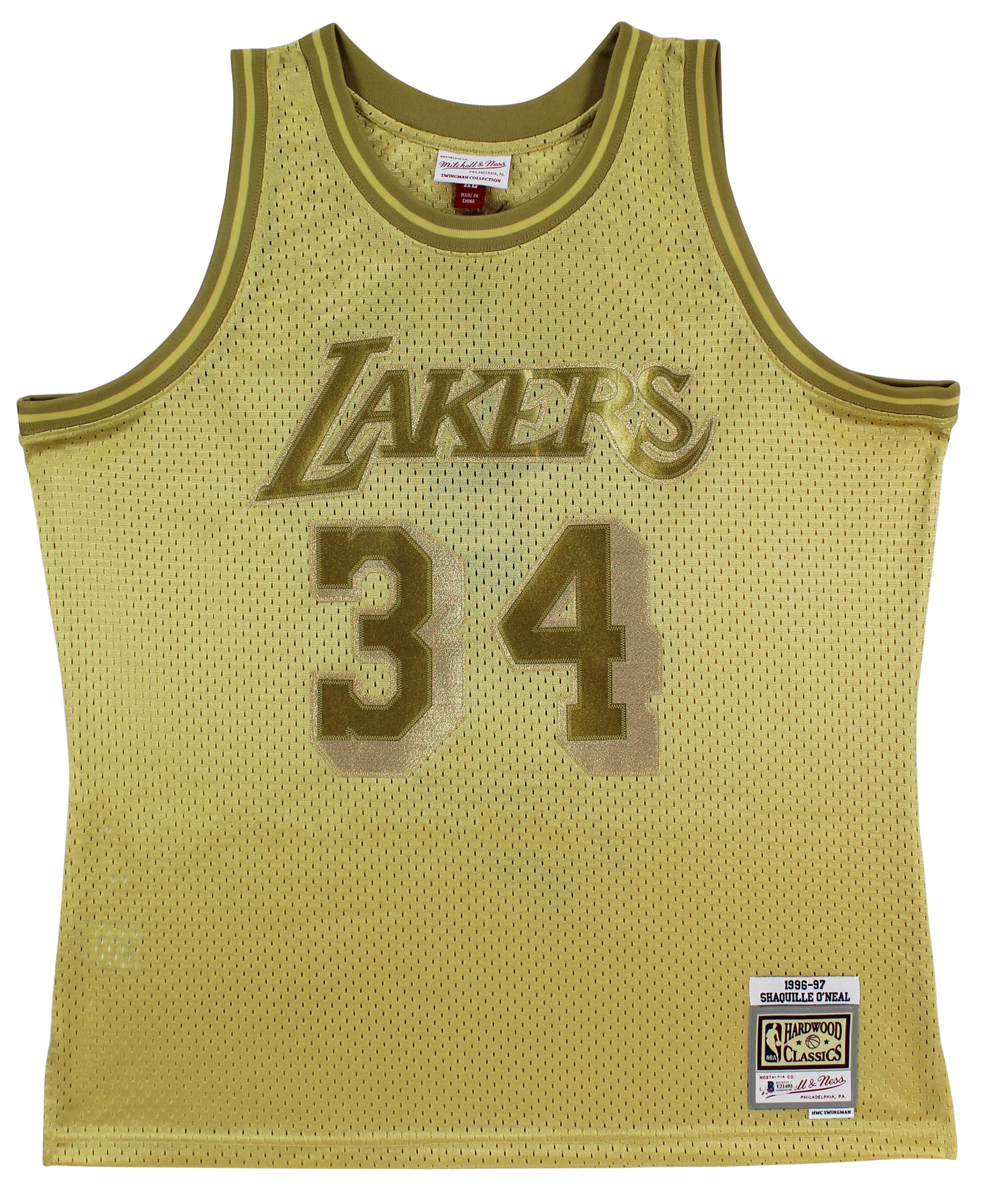 Lakers Shaquille O'Neal Authentic Signed Gold 96-97 M&N HWC Swingman Jersey BAS