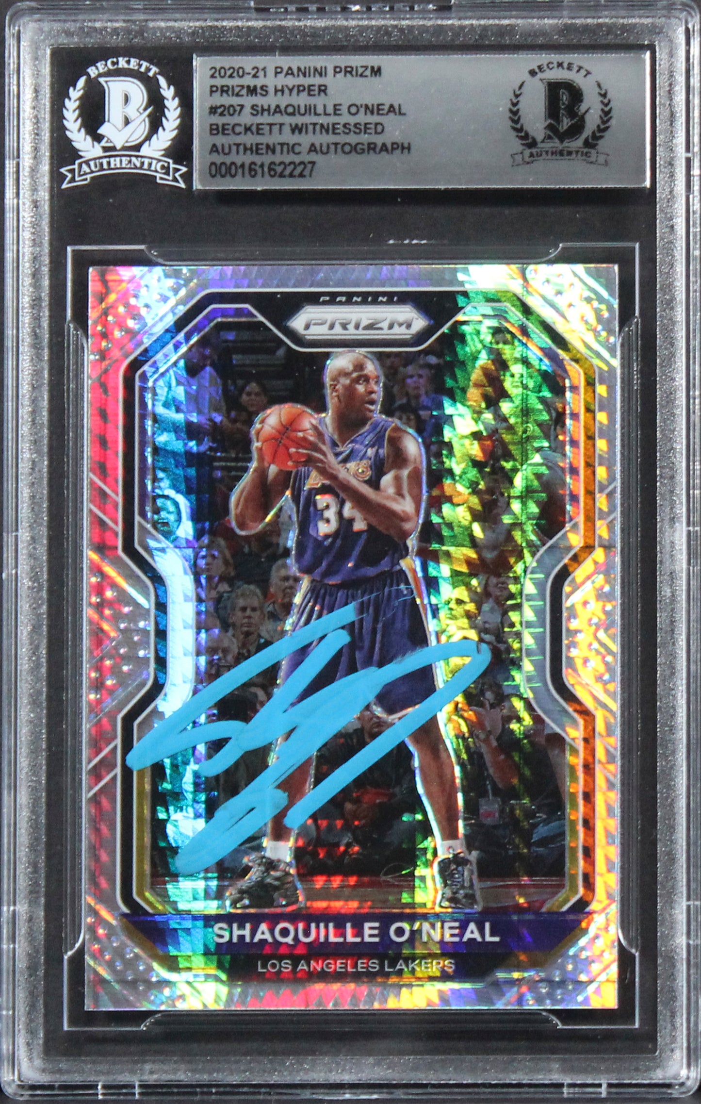 Lakers Shaquille O'Neal Signed 2020 Panini Prizm Prizms Hyper #207 Card BAS Slab