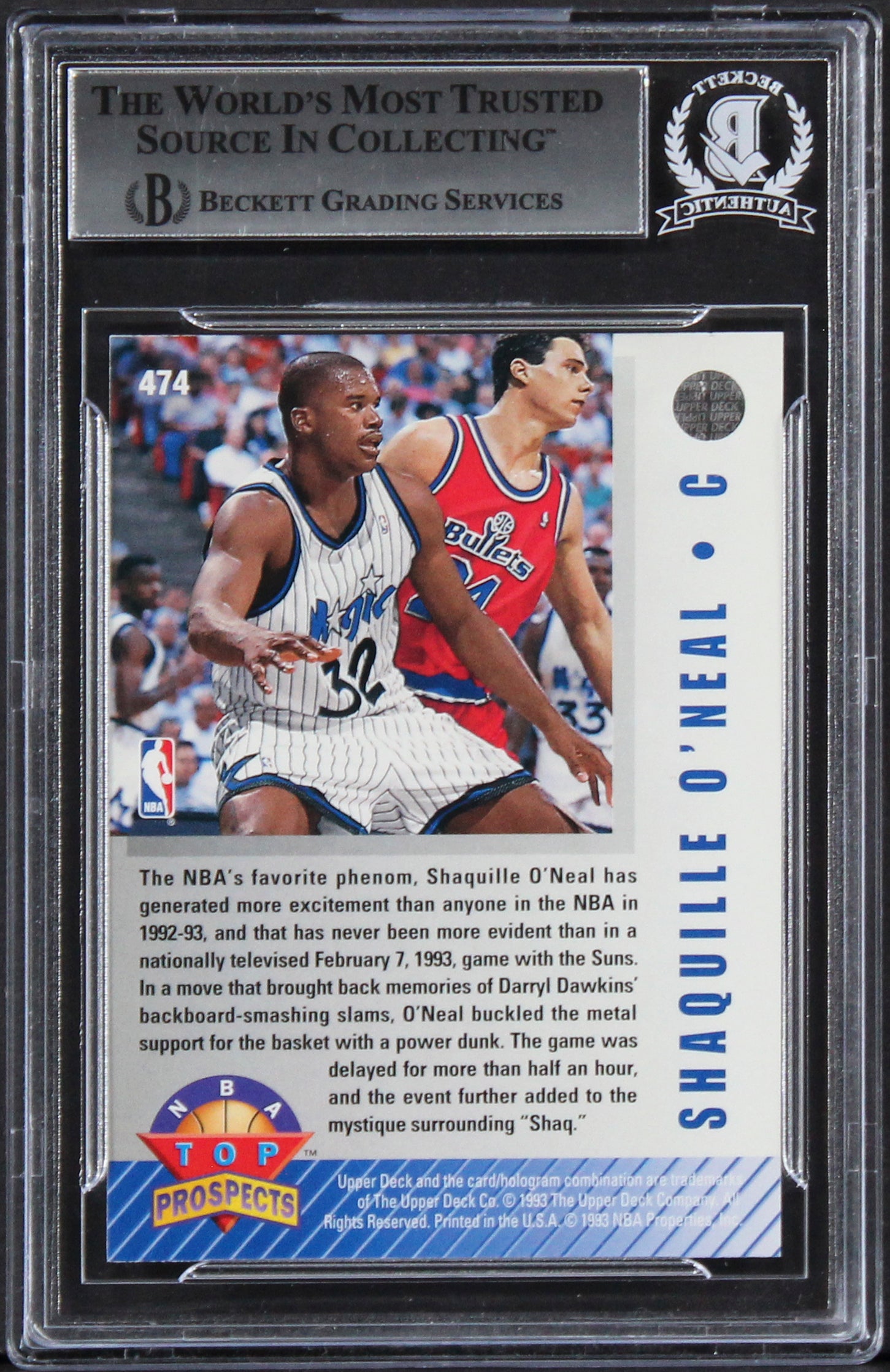 Magic Shaquille O'Neal Signed 1992 Upper Deck #474 Rookie Card BAS Slabbed