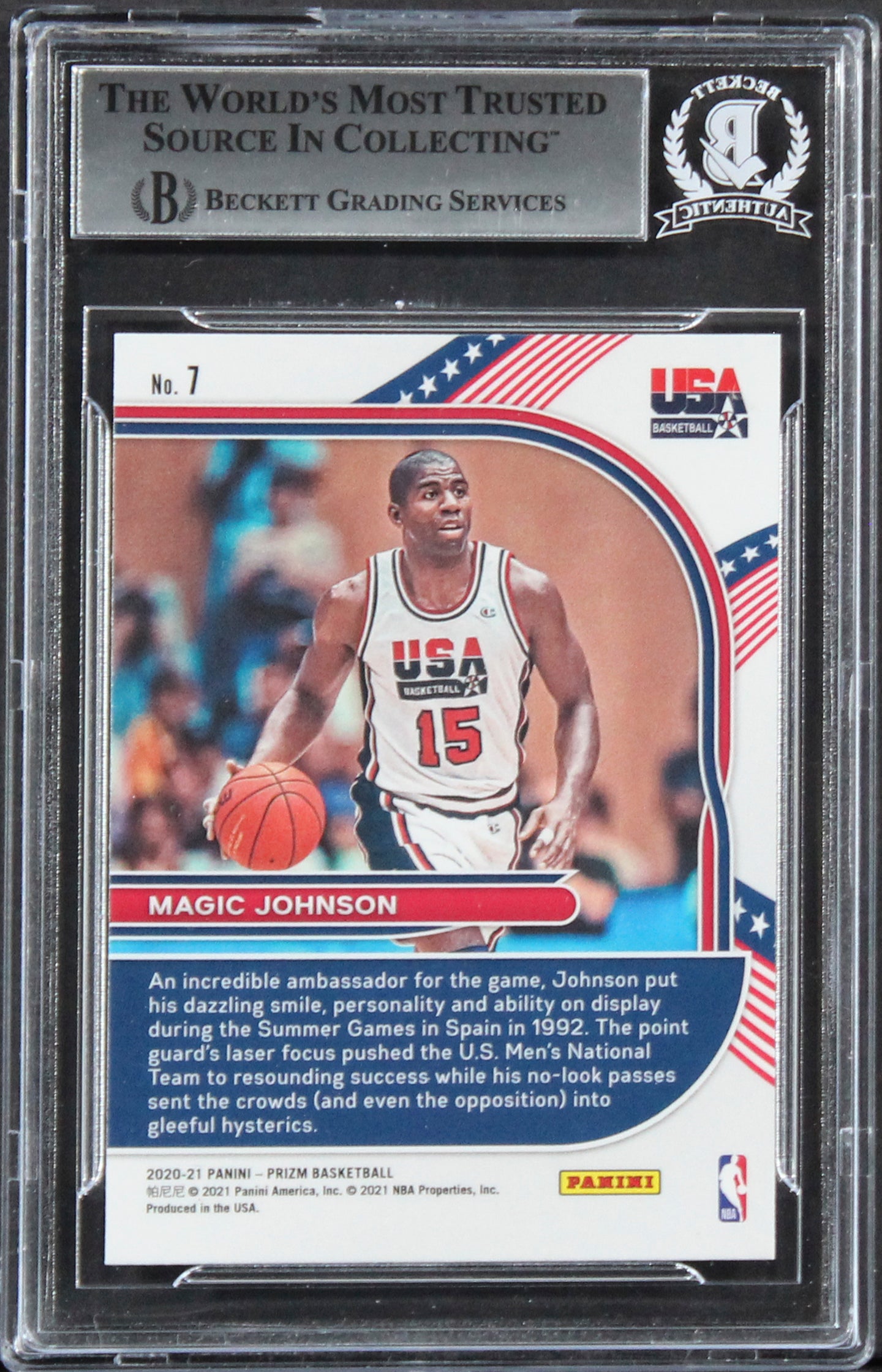 Lakers Magic Johnson Signed 2020 Panini Prizm USA Basketball #7 Card BAS Slabbed