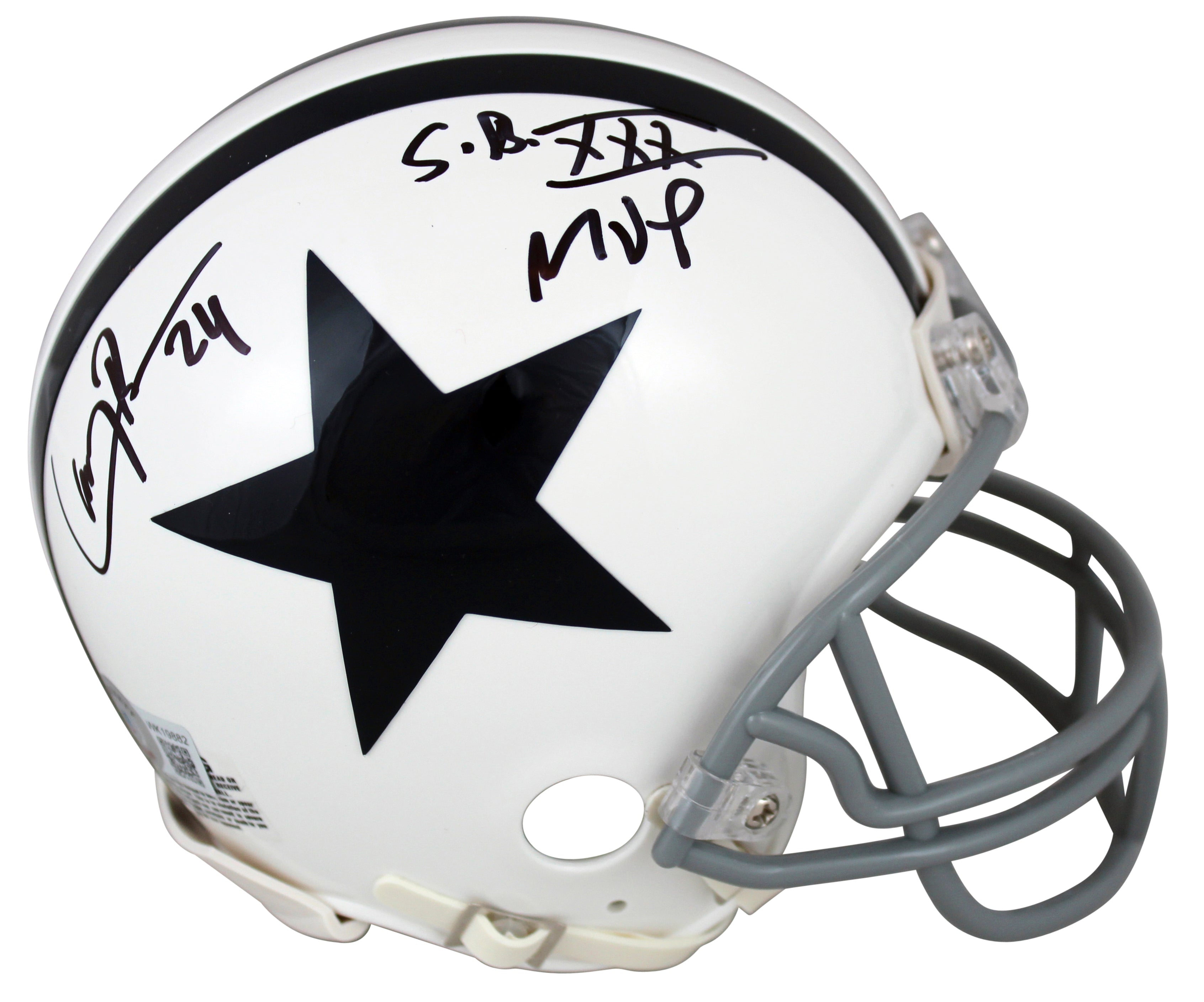 Cowboys Larry Brown "SB XXX MVP" Signed 2004 Throwback Rep Mini Helmet BAS Wit
