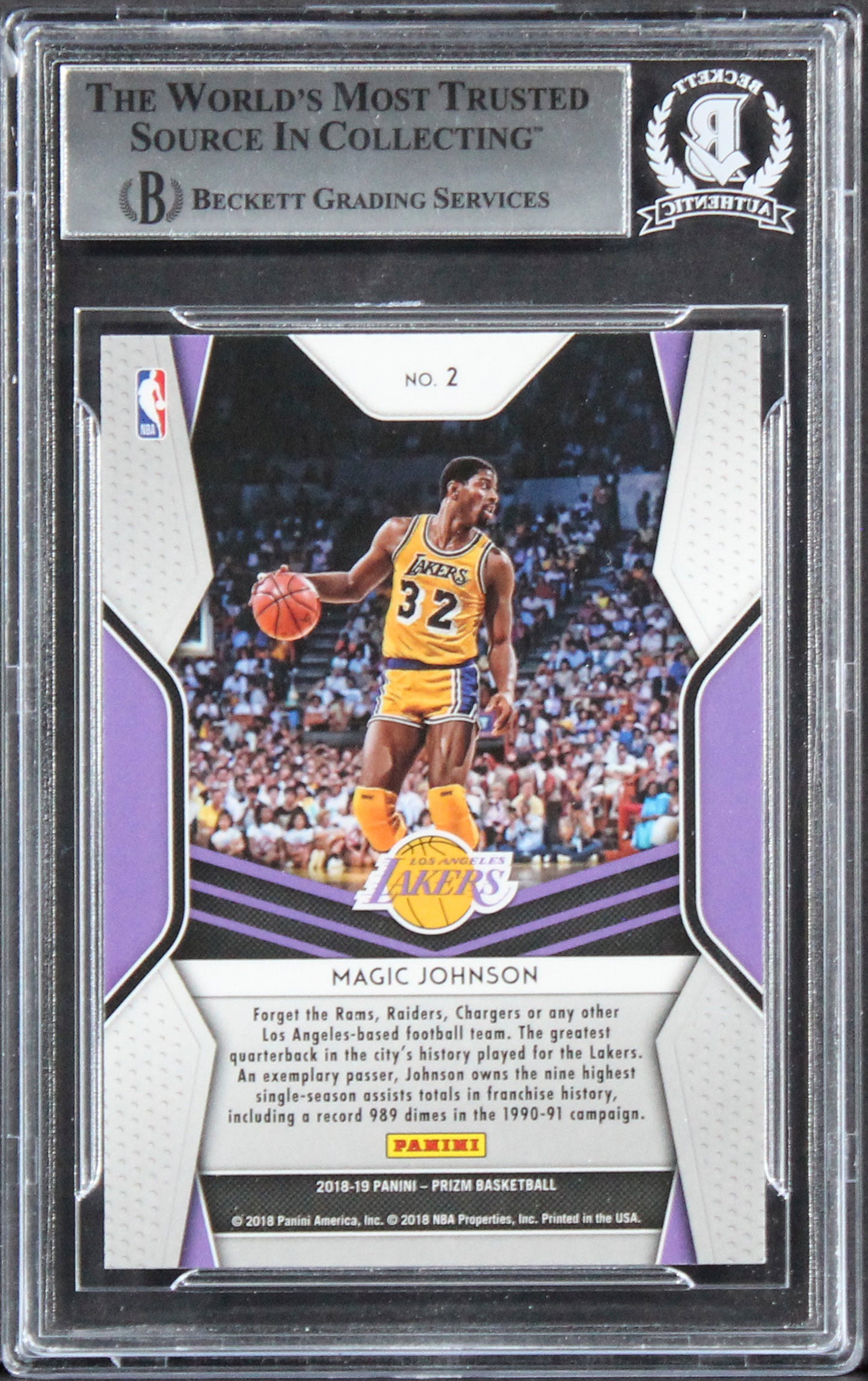 Lakers Magic Johnson Signed 2018 Panini Prizm Dominance #2 Card BAS Slabbed