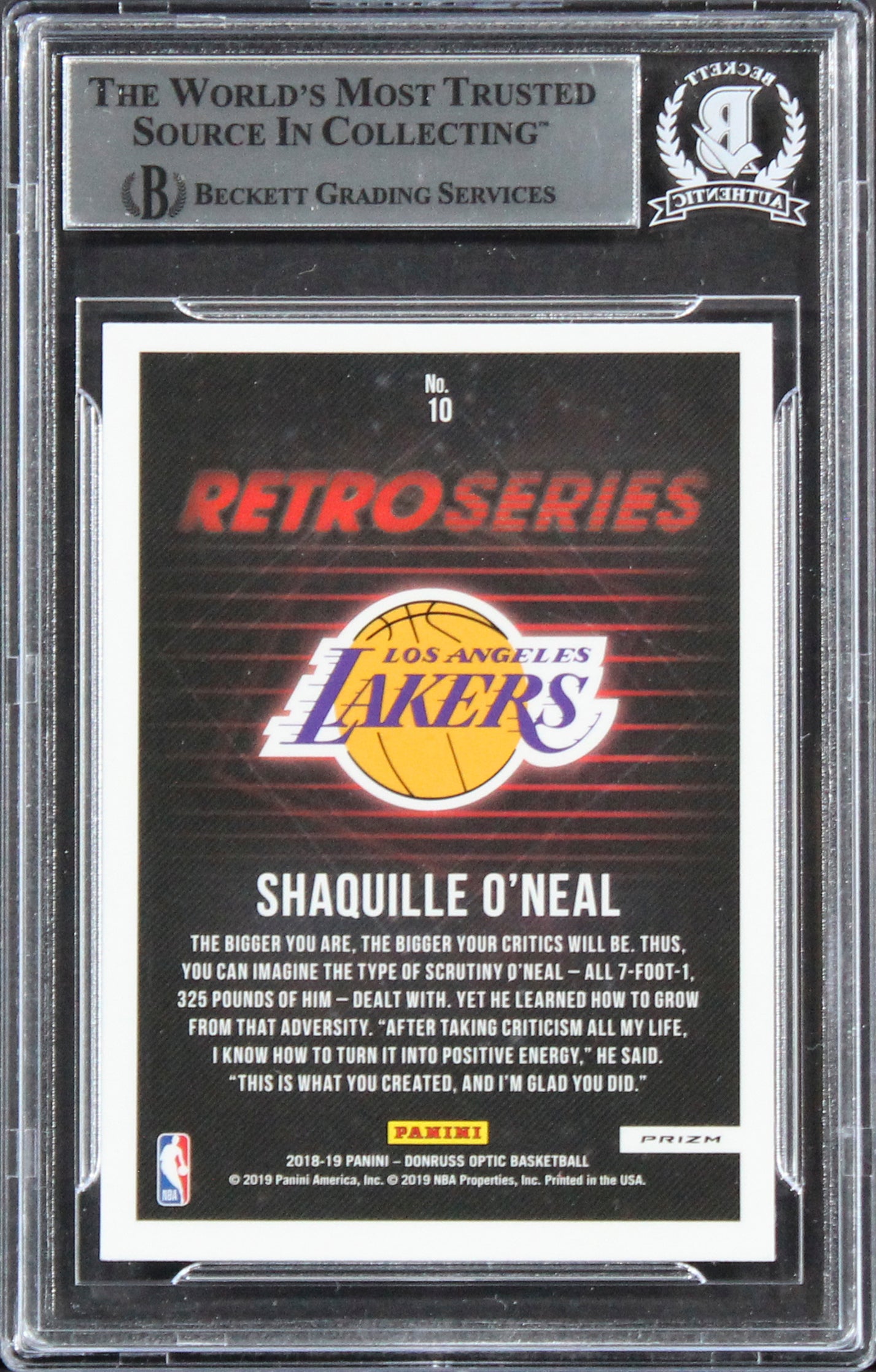 Lakers Shaquille O'Neal Signed 2018 Donruss Optic RS FB HOLO #10 Card BAS Slab