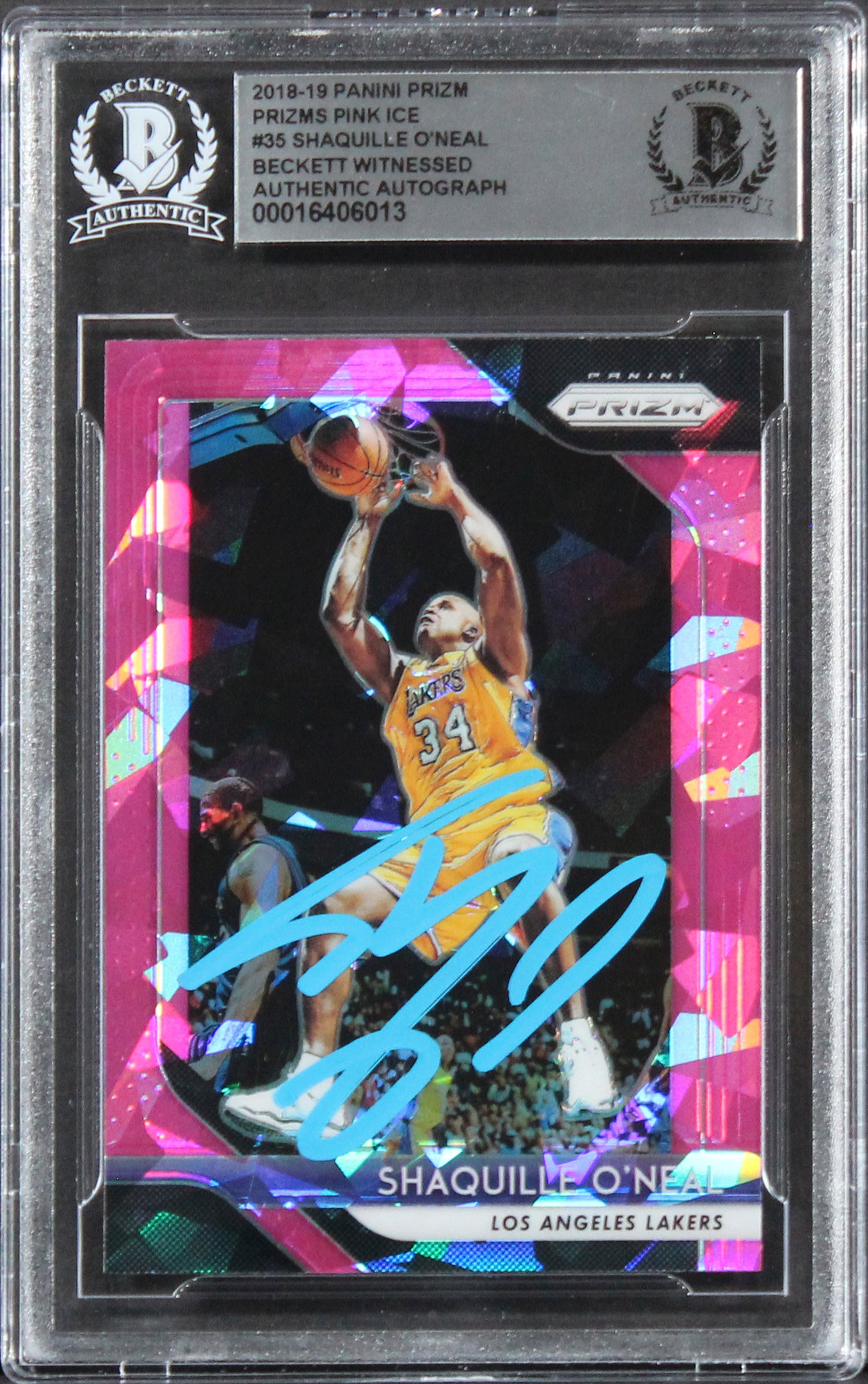 Lakers Shaquille O'Neal Signed 2018 Panini Prizm Pink Ice #35 Card BAS Slabbed