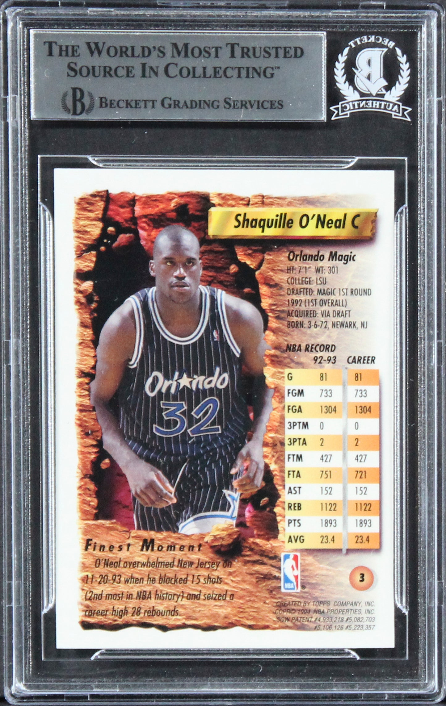 Magic Shaquille O'Neal Authentic Signed 1993 Finest #3 Card BAS Slabbed