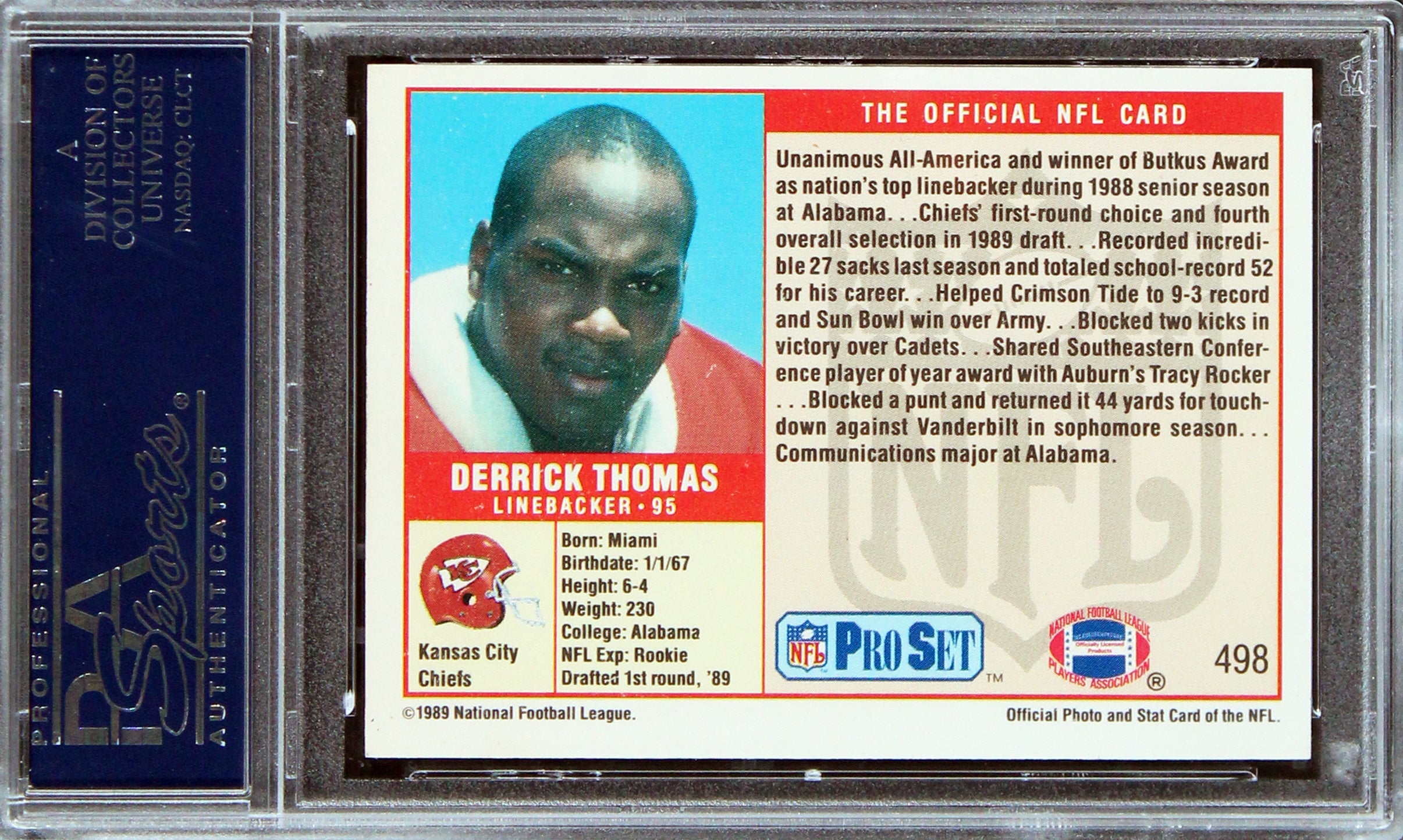 Chiefs Derrick Thomas Authentic Signed 1989 Pro Set #498 Rookie Card PSA Slabbed