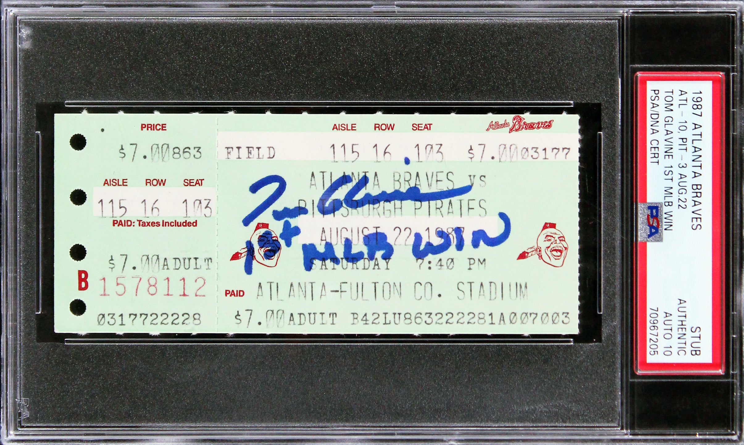 Braves Tom Glavine "1st MLB Win" Signed 1987 Ticket Stub Auto 10! PSA Slabbed