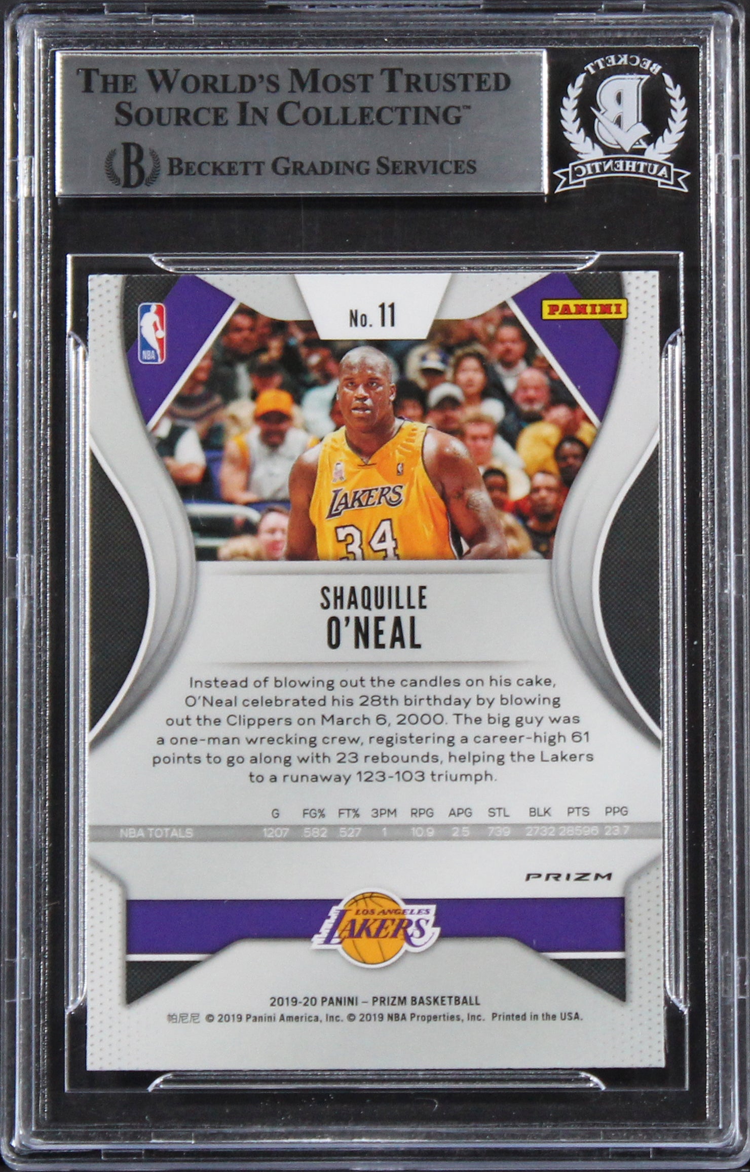 Lakers Shaquille O'Neal Signed 2019 Panini Prizm RW&B #11 Card BAS Slabbed